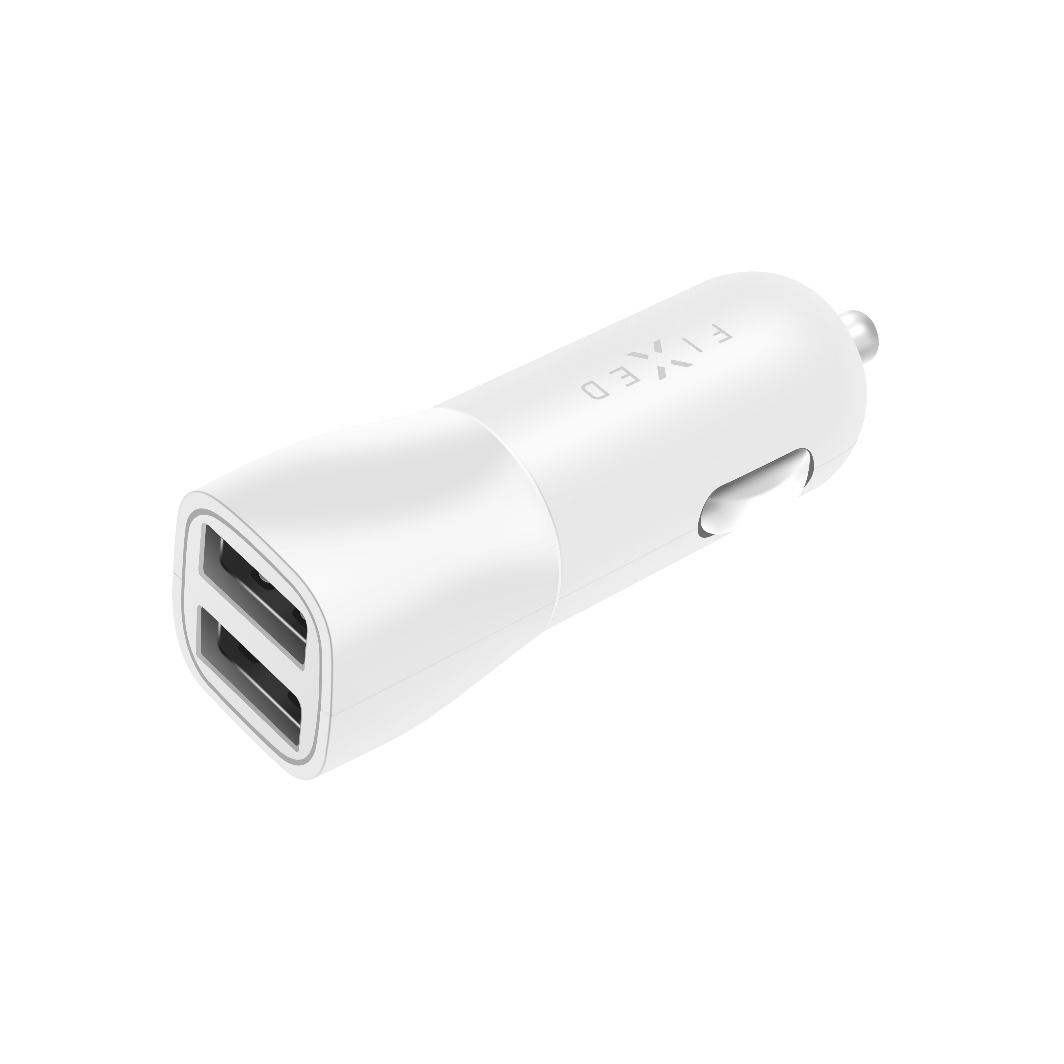 Ein weißes USB-Autoladegerät mit zwei Anschlüssen und der Aufschrift FIXED auf weißem Hintergrund.