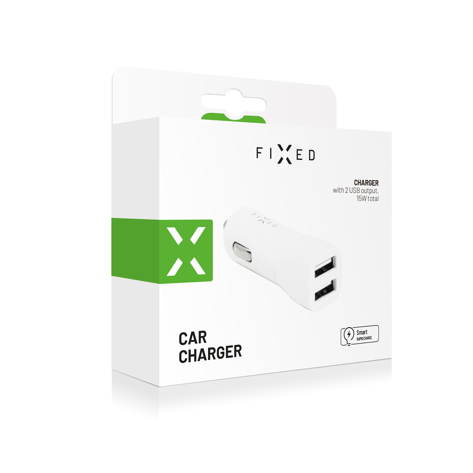 Weisse und grüne Verpackung eines Fixed-Autoladegeräts mit zwei USB-Anschlüssen.