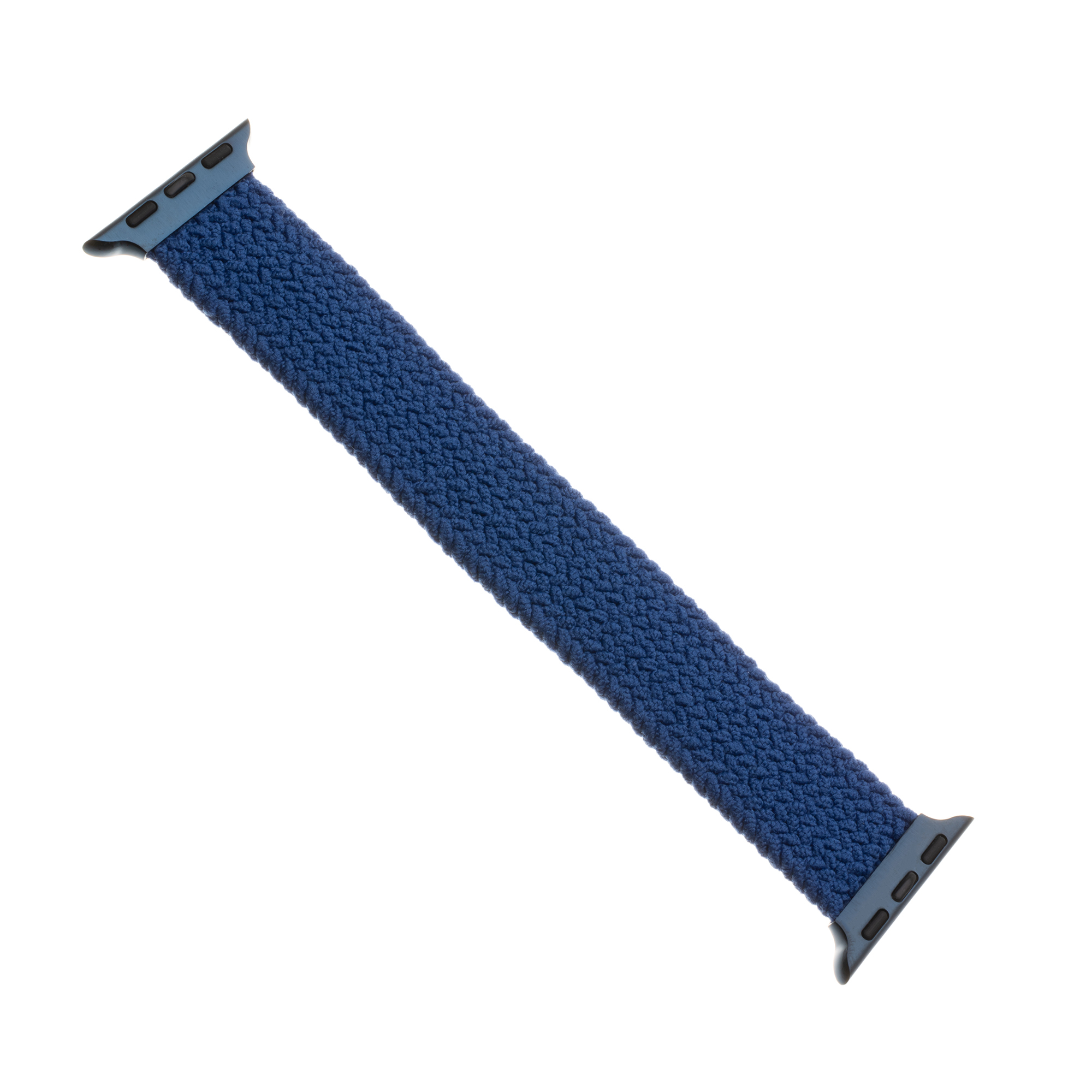 Ein dunkelblaues geflochtenes Solo-Loop-Smartwatch-Armband diagonal auf weißem Hintergrund.