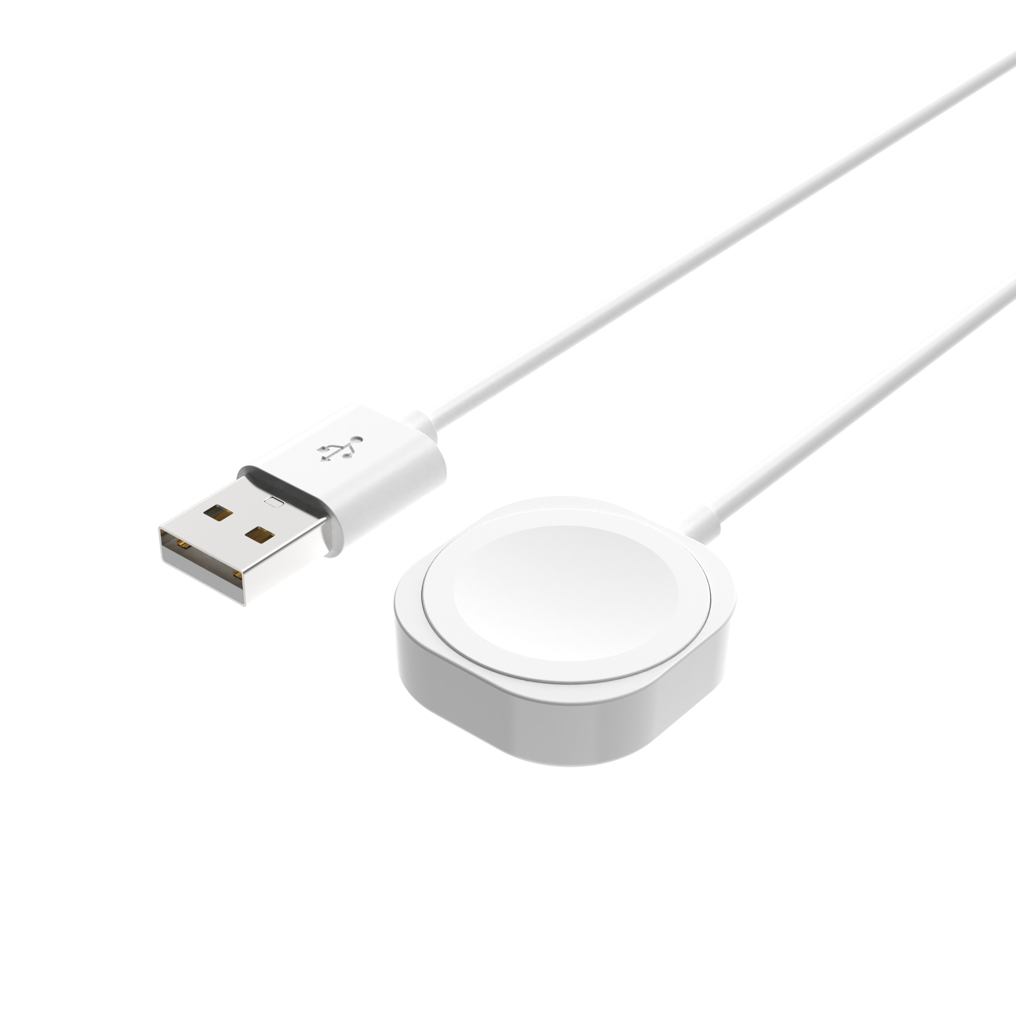 Un cable de carga USB blanco con una base de carga magnética redonda sobre un fondo blanco.