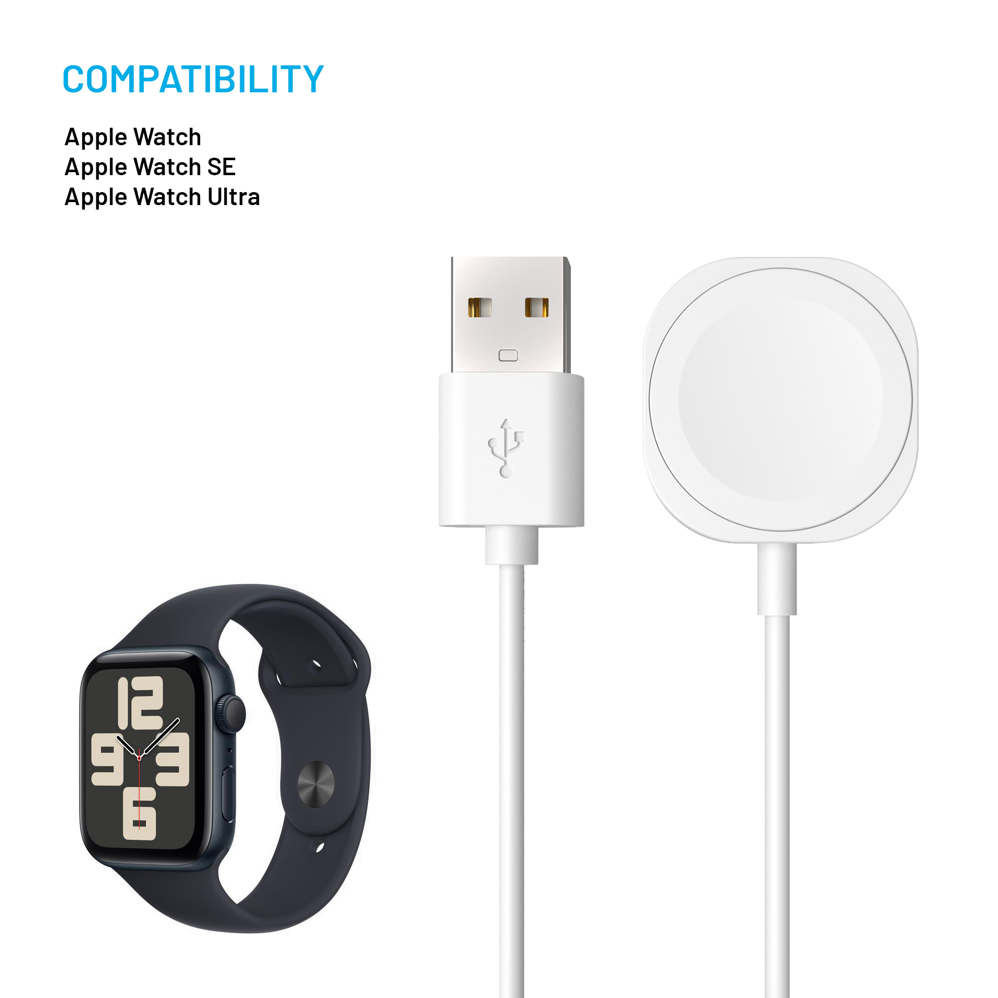 Lista de compatibilidad con Apple Watch, SE, Ultra, cable USB y base de carga sobre fondo blanco.