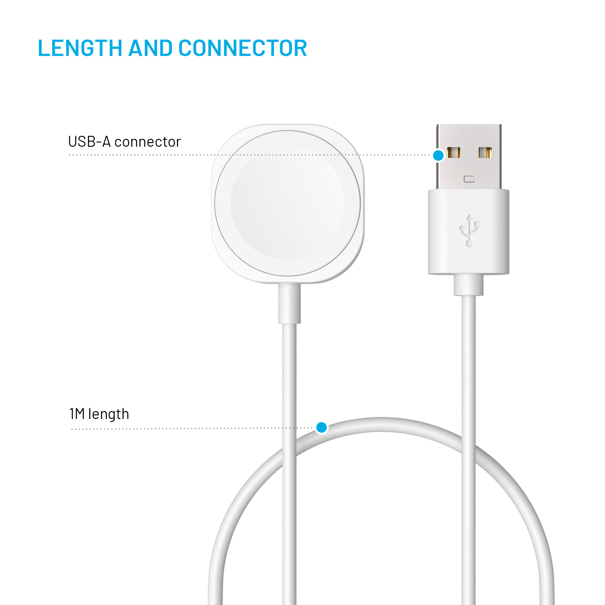 Diagrama que muestra un cable de carga para reloj inteligente blanco con conector USB-A y 1 metro de longitud.