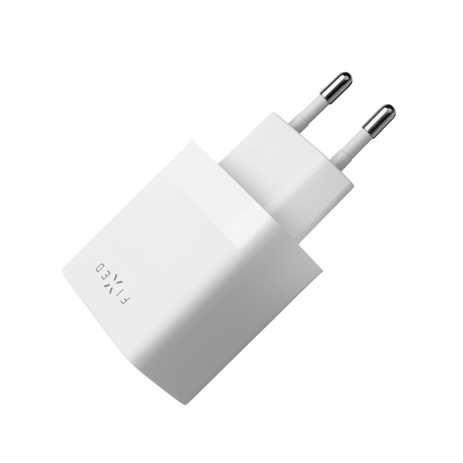 Ein weißer Wandadapter mit zwei runden Metallstiften und dem Markennamen FIXED auf der Vorderseite.