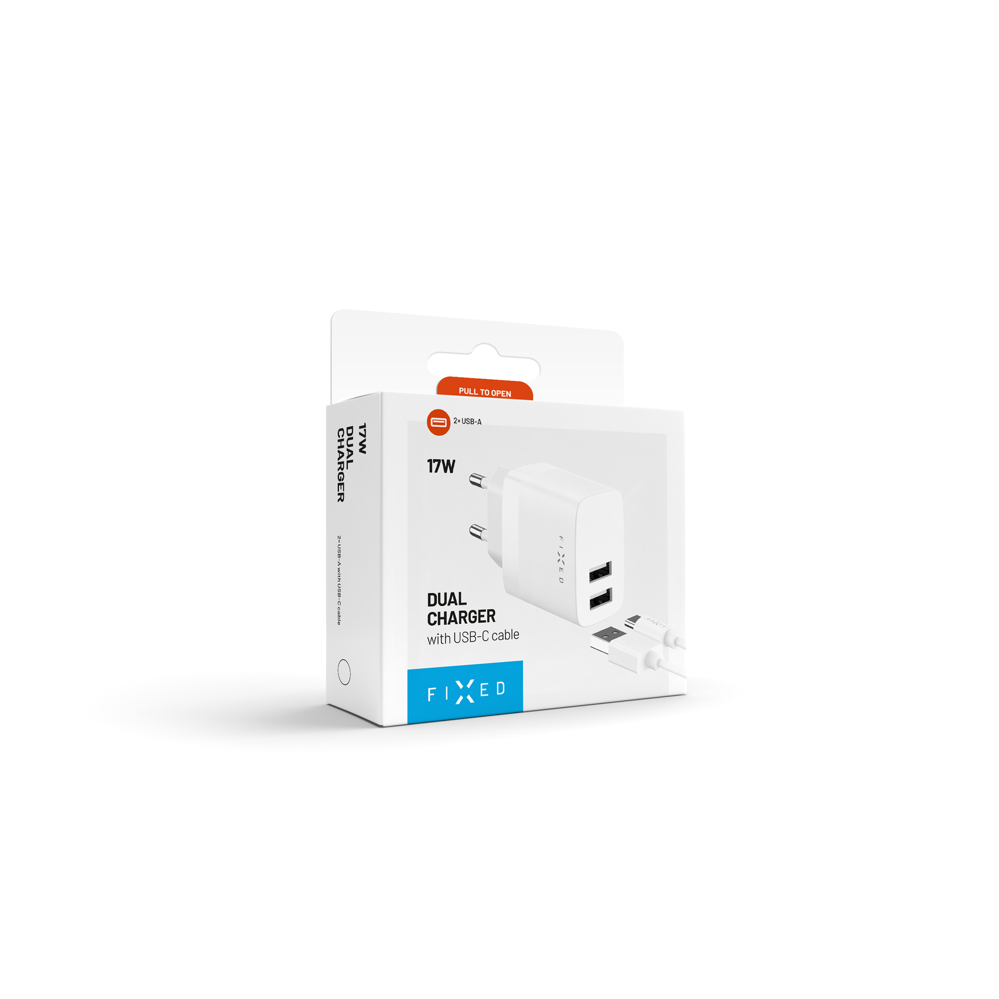 Eine weiße Verpackung für ein Dual-Ladegerät mit USB-C-Kabel, auf weißem Hintergrund.