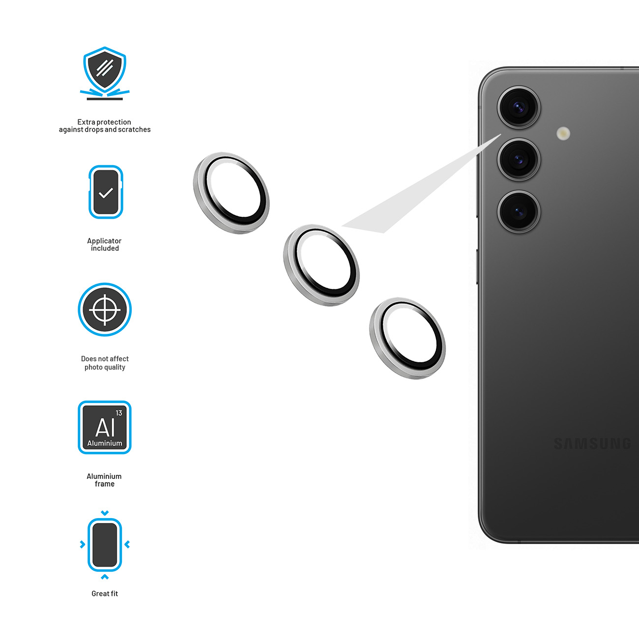Drei silberne Kamera-Schutzringe schweben vor einem grauen Samsung-Smartphone. Links Icons mit Produktmerkmalen.