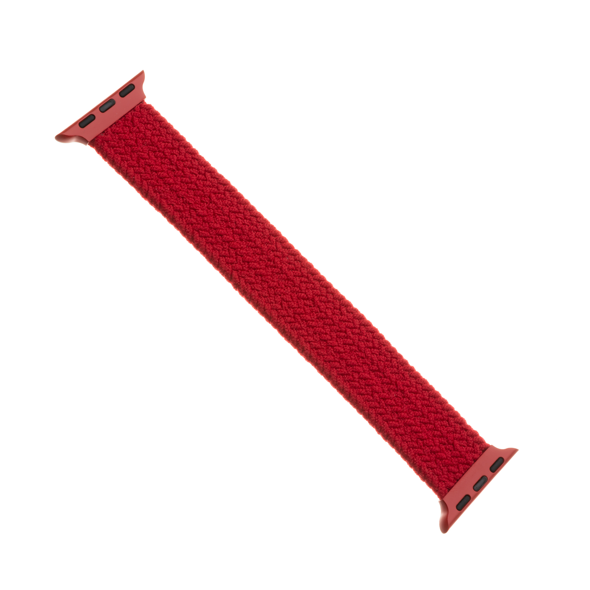 Ein rotes geflochtenes Smartwatch-Armband liegt diagonal auf einem weißen Hintergrund.