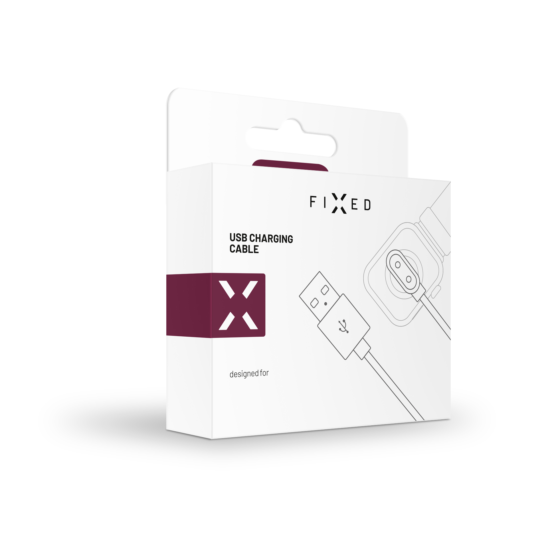 Weisse Produktbox fuer ein FIXED USB-Ladekabel mit bordeauxrotem Akzent und Strichzeichnungen des Kabels.
