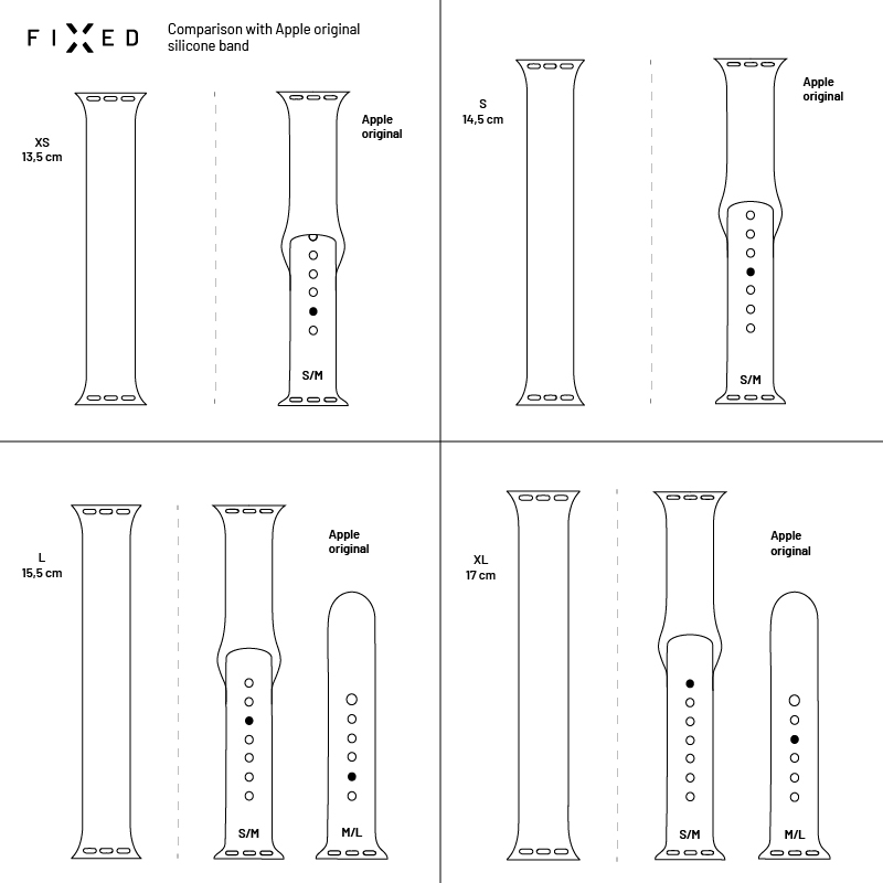 Diagramm zum Vergleich von Fixed Silikonarmbändern in XS, S, L und XL mit Apple Originalbändern.
