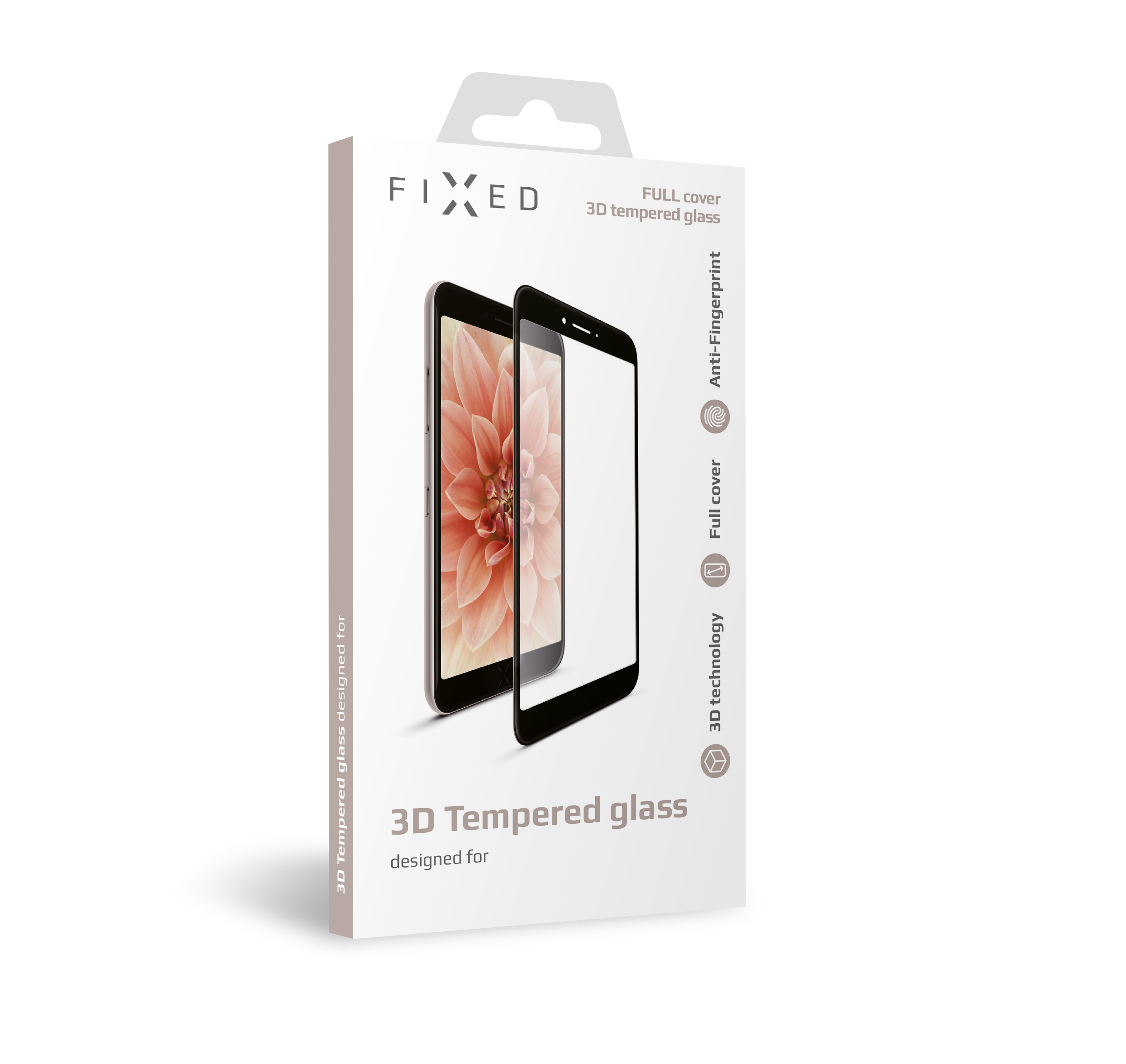 Weiße Produktverpackung für FIXED 3D-Tempered-Glass-Schutzfolie mit Telefongrafik auf der Vorderseite.