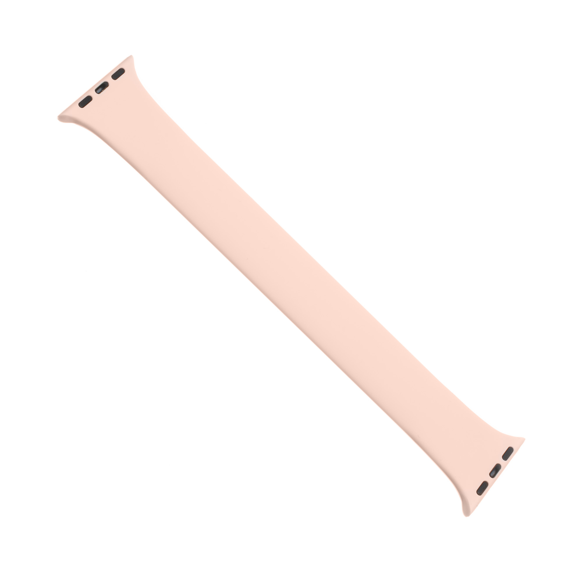 Ein hellrosa Silikon-Uhrenarmband liegt diagonal auf einem weißen Hintergrund.