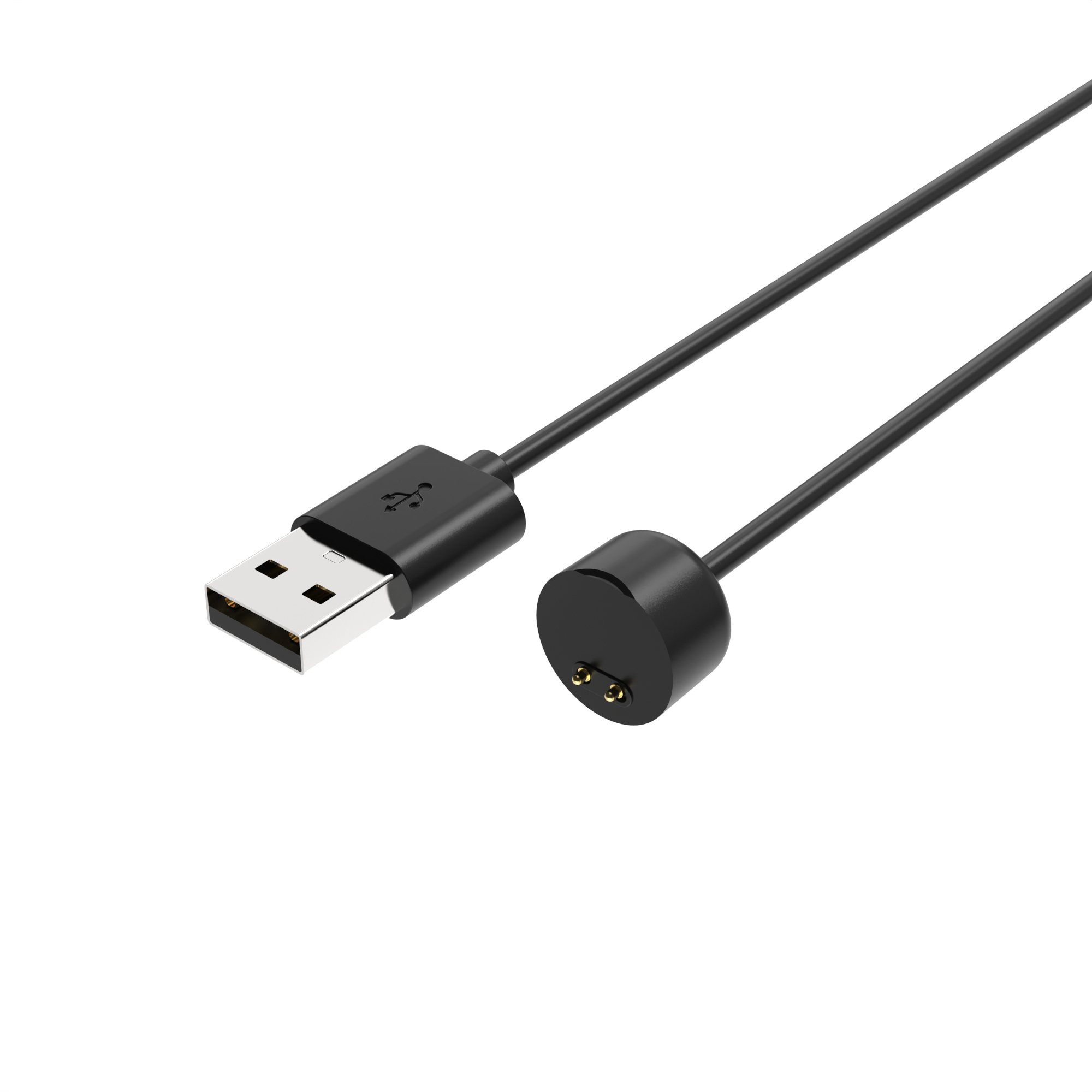 Ein schwarzes USB-Ladekabel mit einem Standard-USB-A-Stecker an einem Ende und einem magnetischen Lade-Pad am anderen.