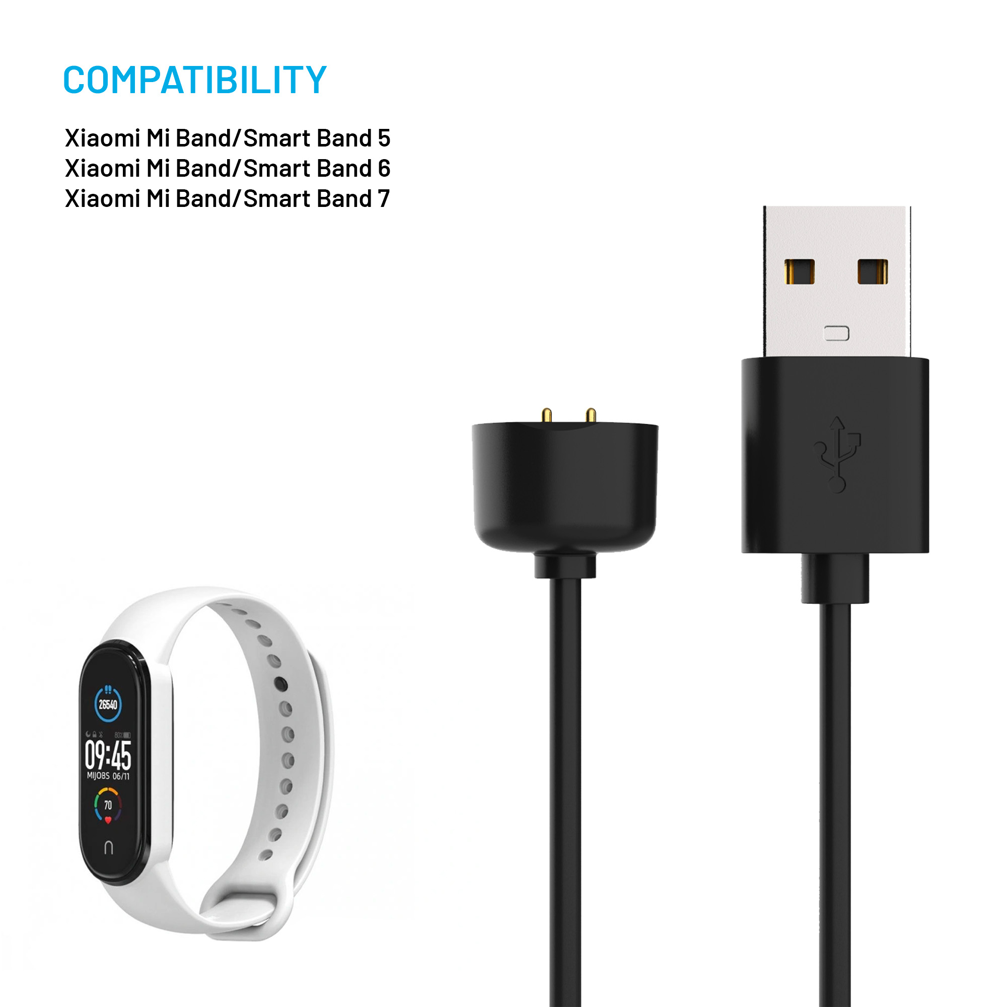 Kompatibilitätsliste und Ladekabel für Xiaomi Mi Band 5, 6 und 7 vor weißem Hintergrund.
