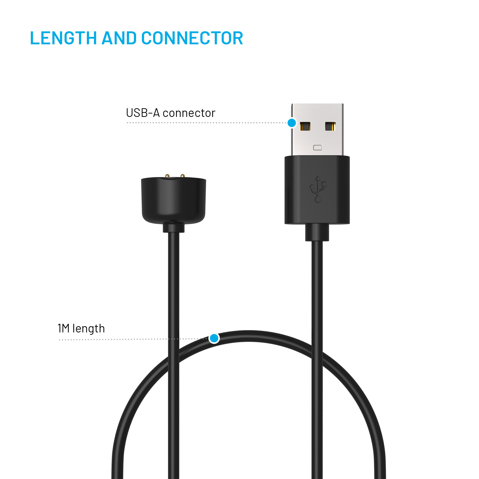 Ein 1 Meter langes schwarzes Ladekabel mit einem USB-A-Anschluss und einer magnetischen Ladeeinheit auf weißem Grund.