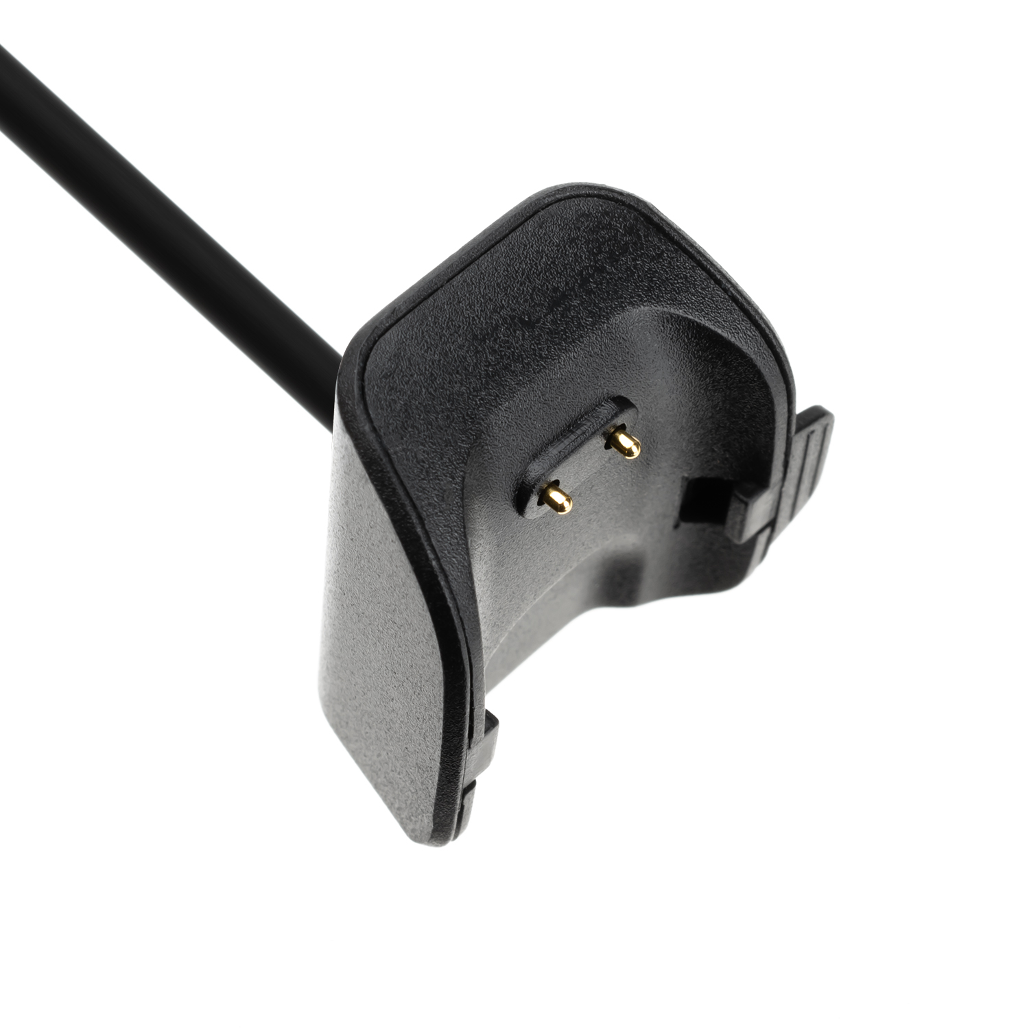 Ein schwarzes Smartwatch-Ladegerät mit zwei Goldstiften und einem Kabel auf weißem Hintergrund.