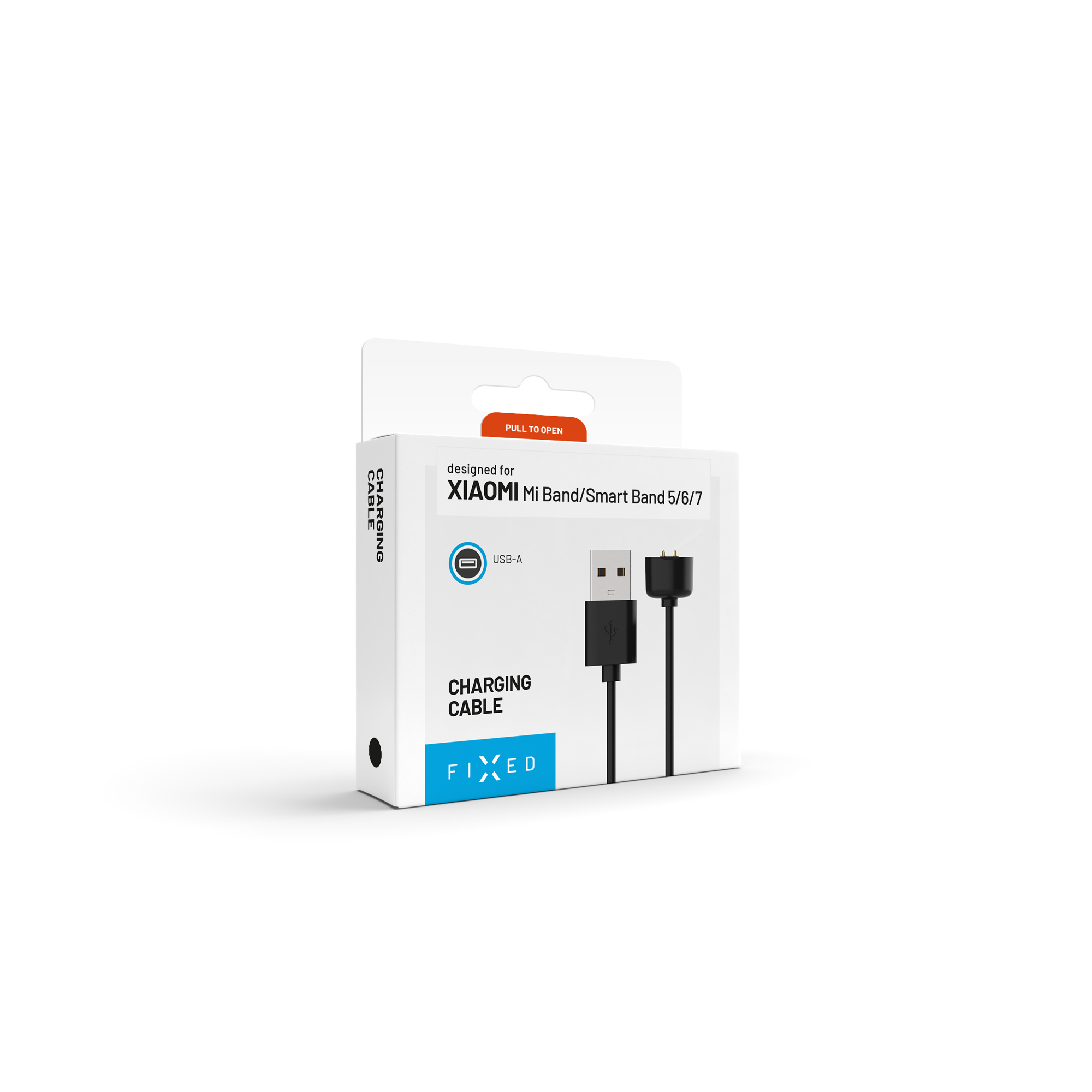 Weisse und blaue Produktbox fuer ein Xiaomi Mi Band Ladekabel von FIXED mit USB-A Stecker.