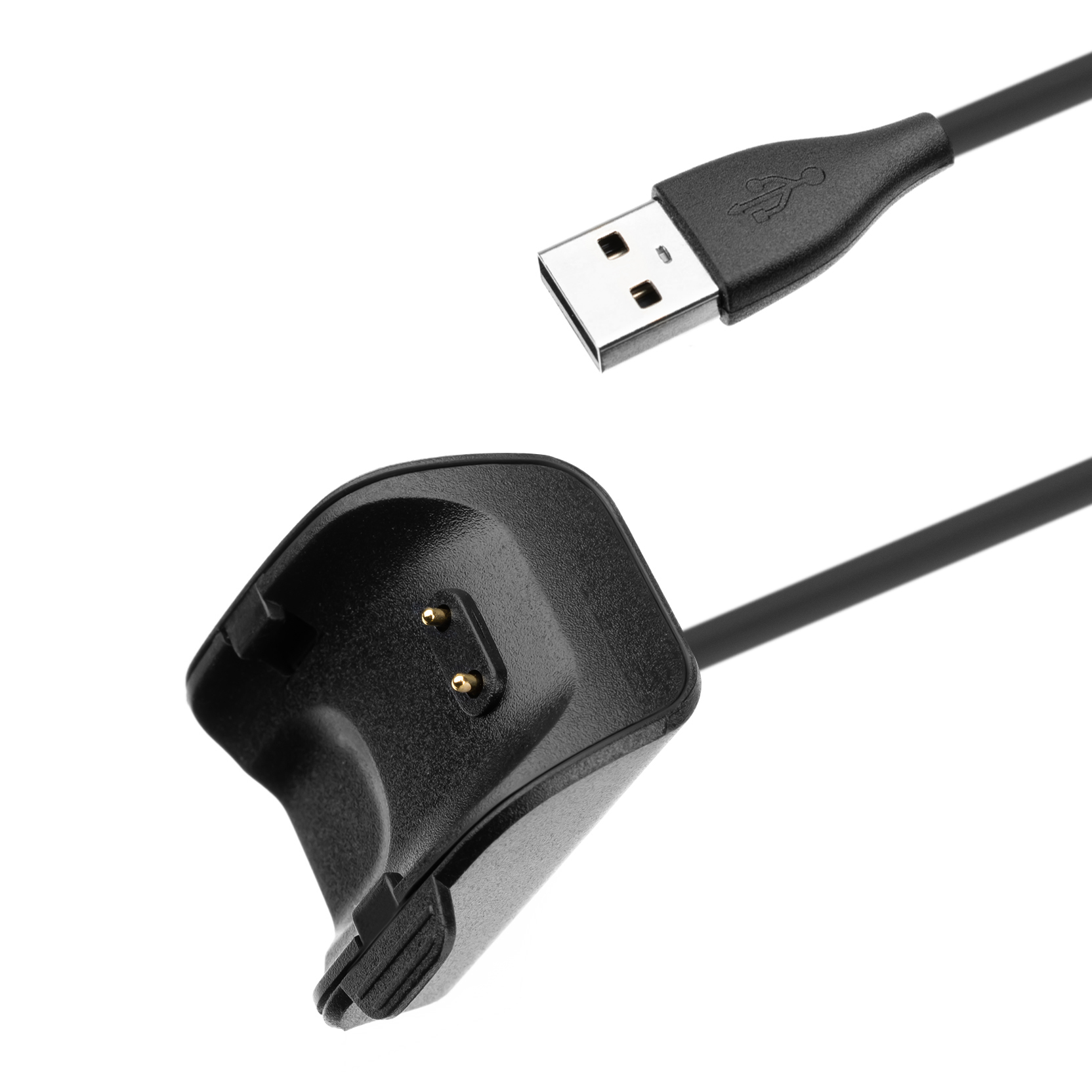 Ein schwarzes Smartwatch-Ladekabel mit USB-Anschluss vor weißem Hintergrund.