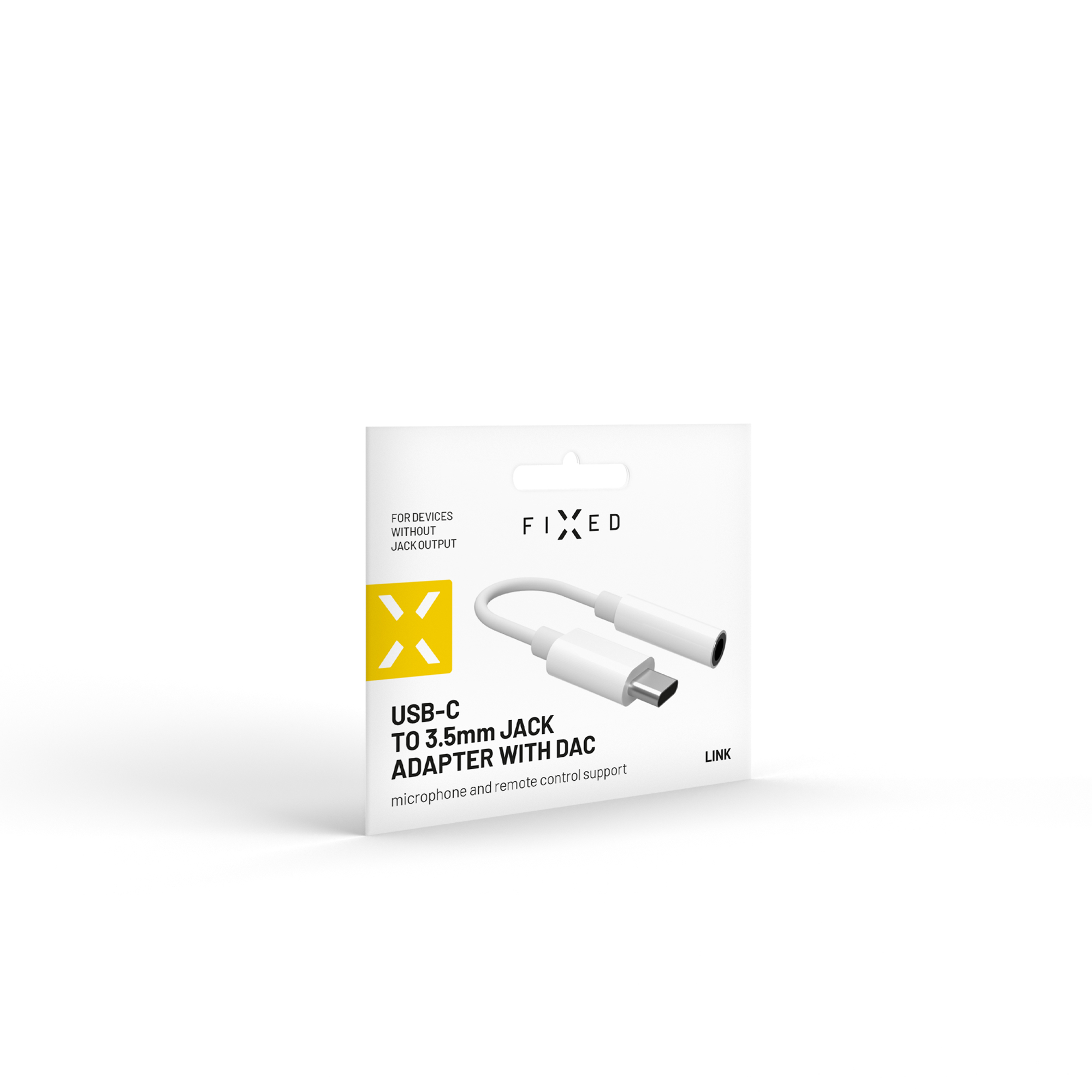 Eine weiße Verpackung für einen USB-C zu 3.5mm Klinkenadapter mit DAC von Fixed.