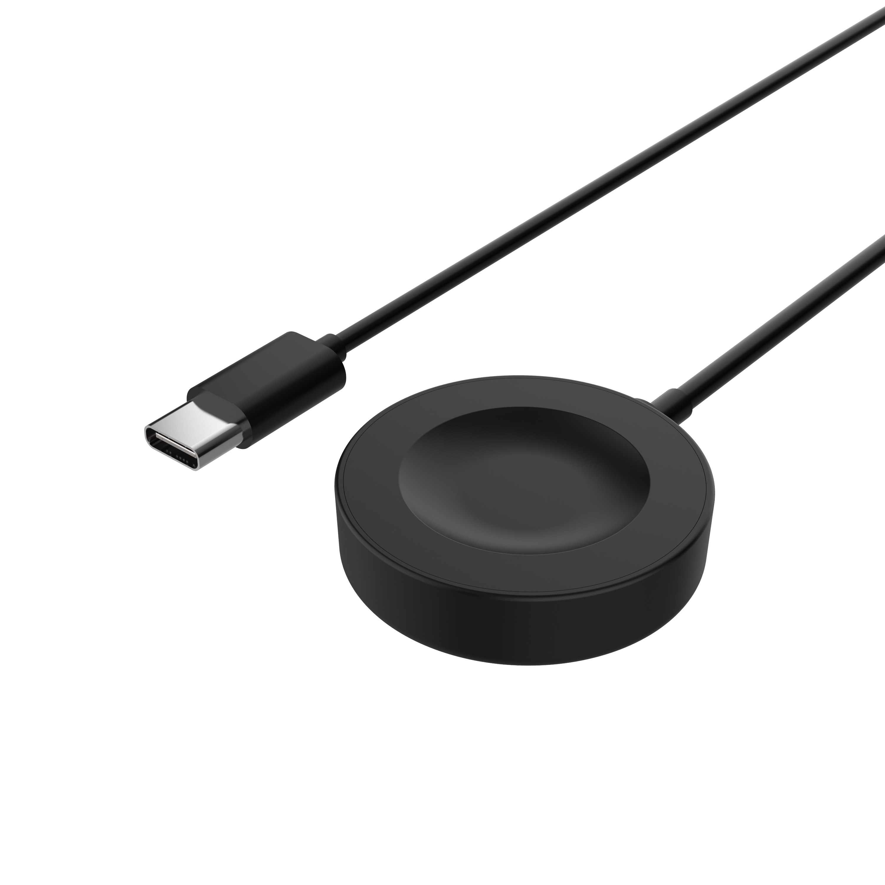 Cable de carga negro para reloj inteligente con conector USB-C y base de carga magnética redonda sobre fondo blanco.