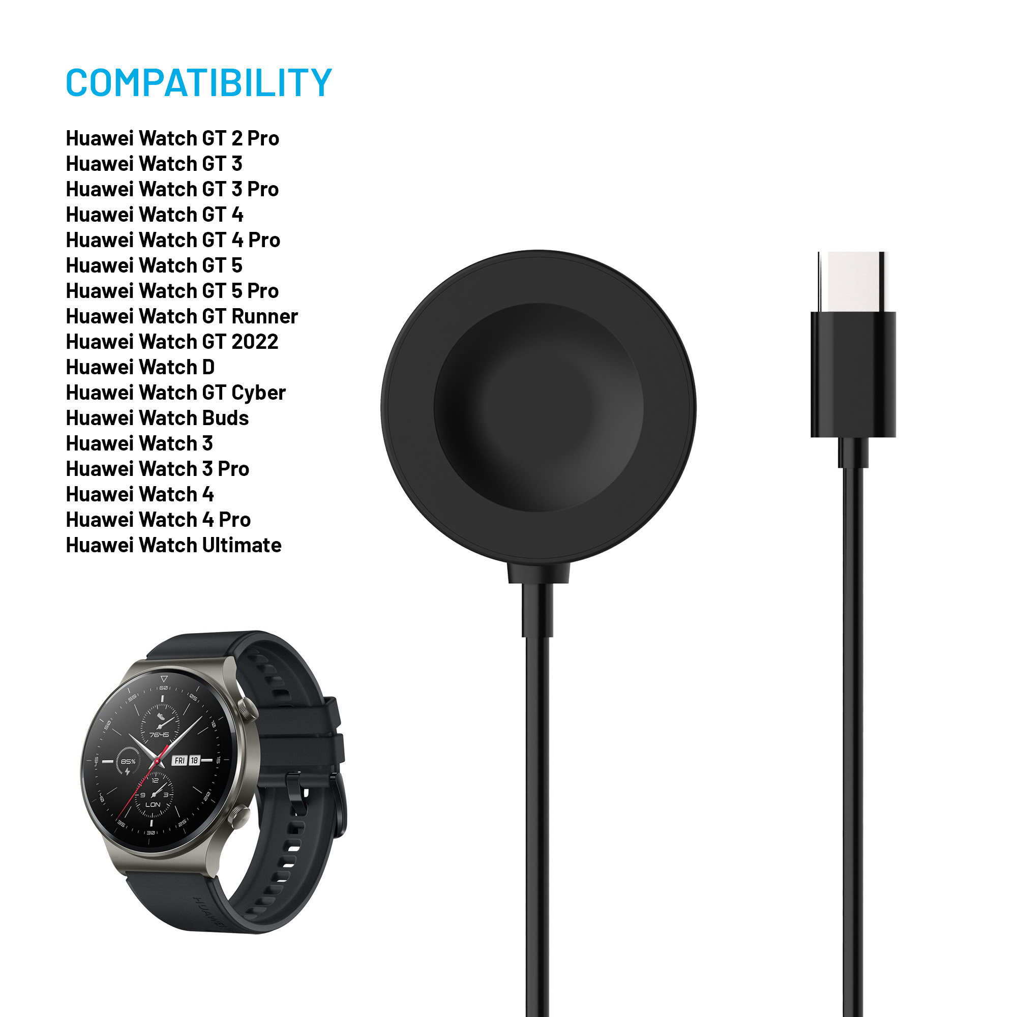 Base de carga para reloj negro con cable USB-C y lista de compatibilidad.