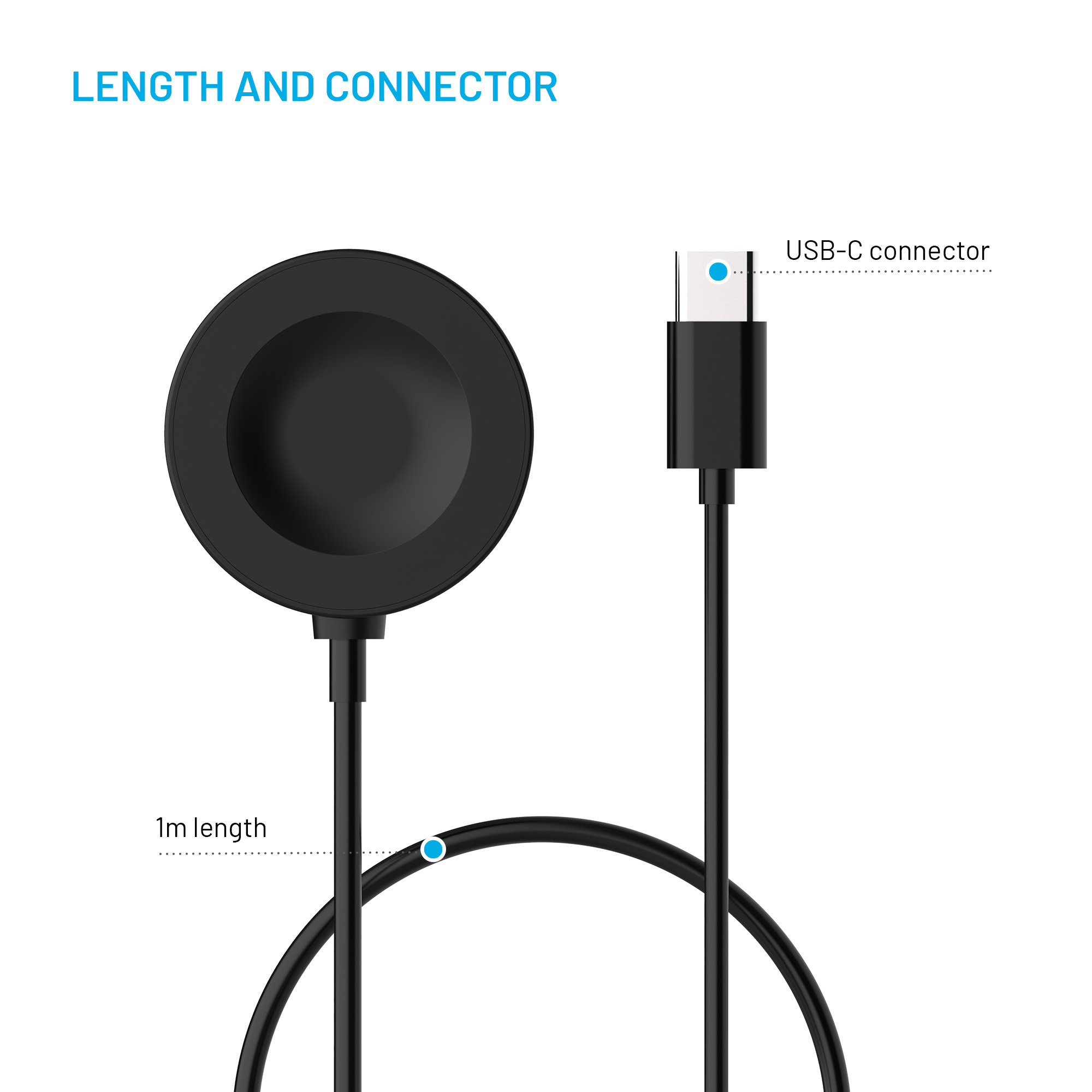 Cable de carga con base redonda y conector USB-C, longitud de 1m.