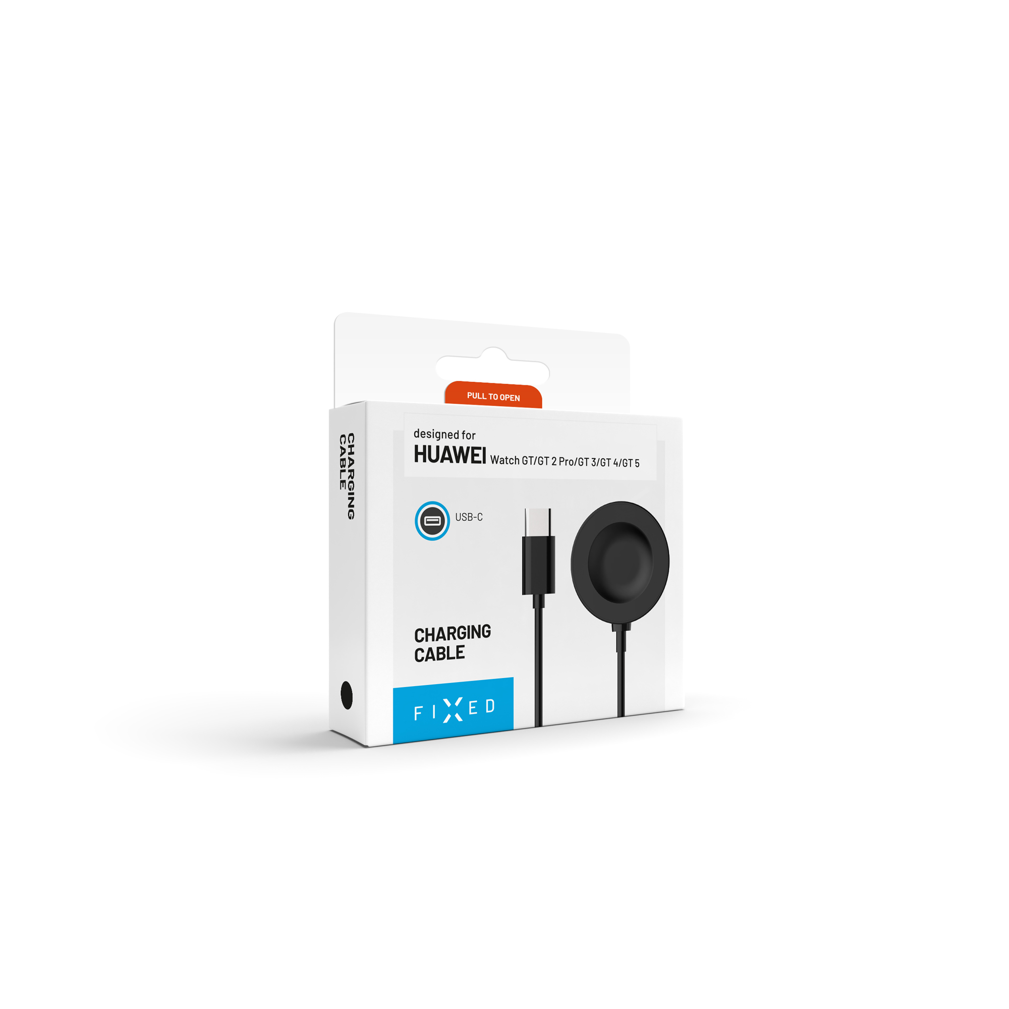 Caja blanca de cable de carga FIXD para relojes Huawei con imagen del cable USB-C sobre fondo blanco.