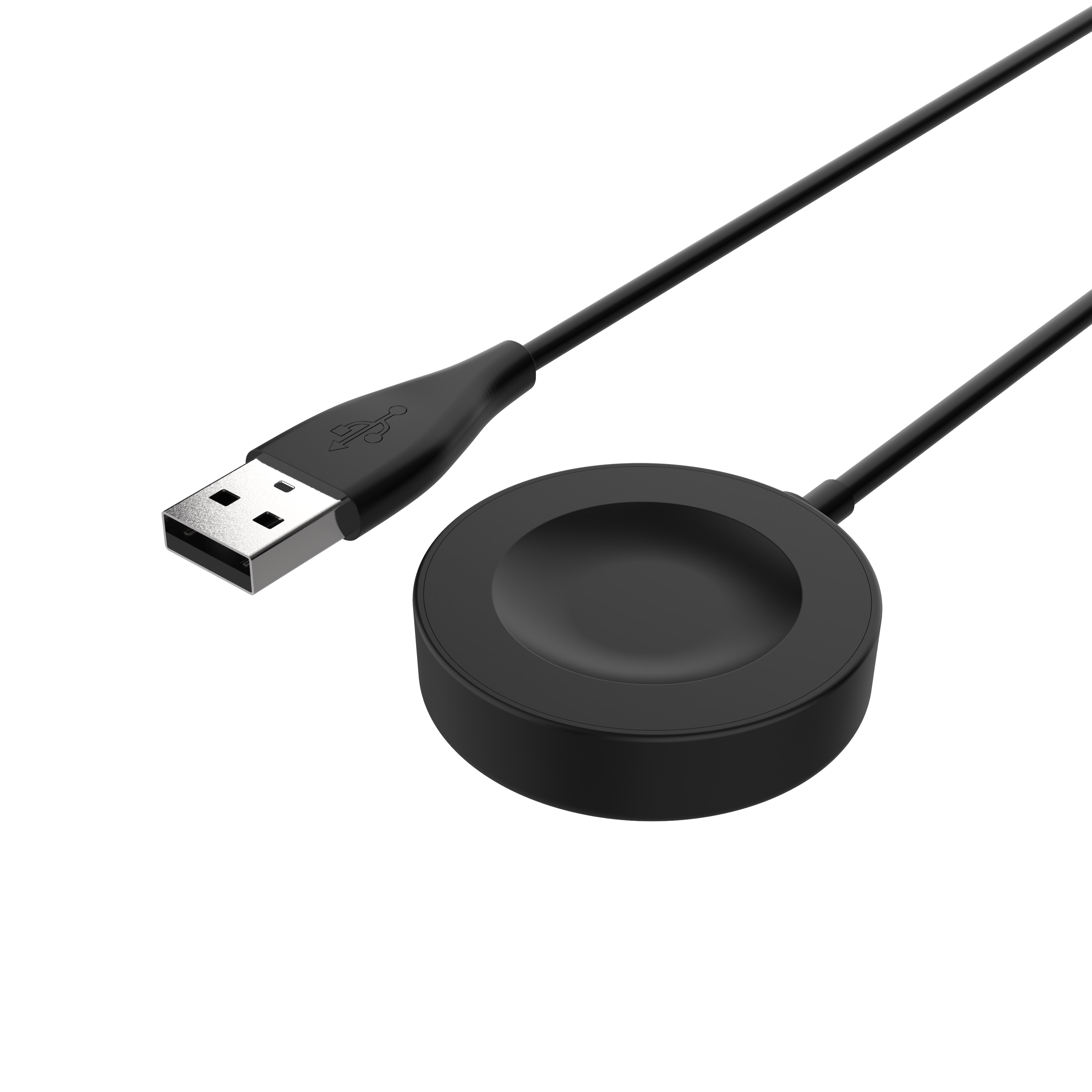 Cable de carga negro para reloj inteligente con conector USB y base redonda sobre fondo blanco.