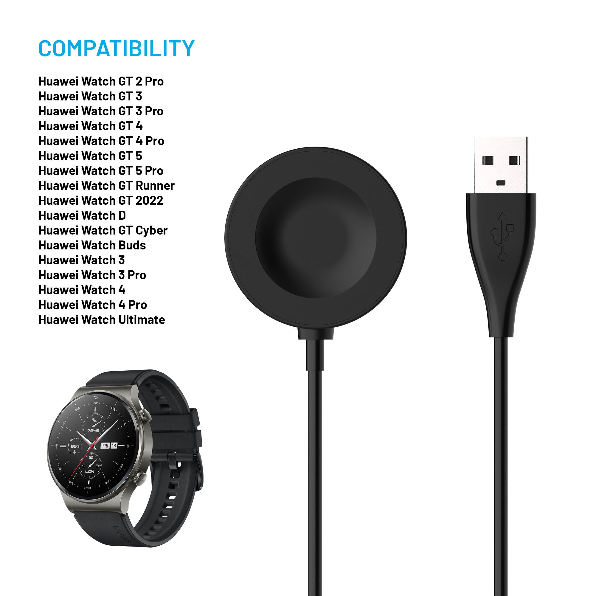 Lista de compatibilidad de relojes Huawei con cable de carga y reloj abajo a la izquierda.