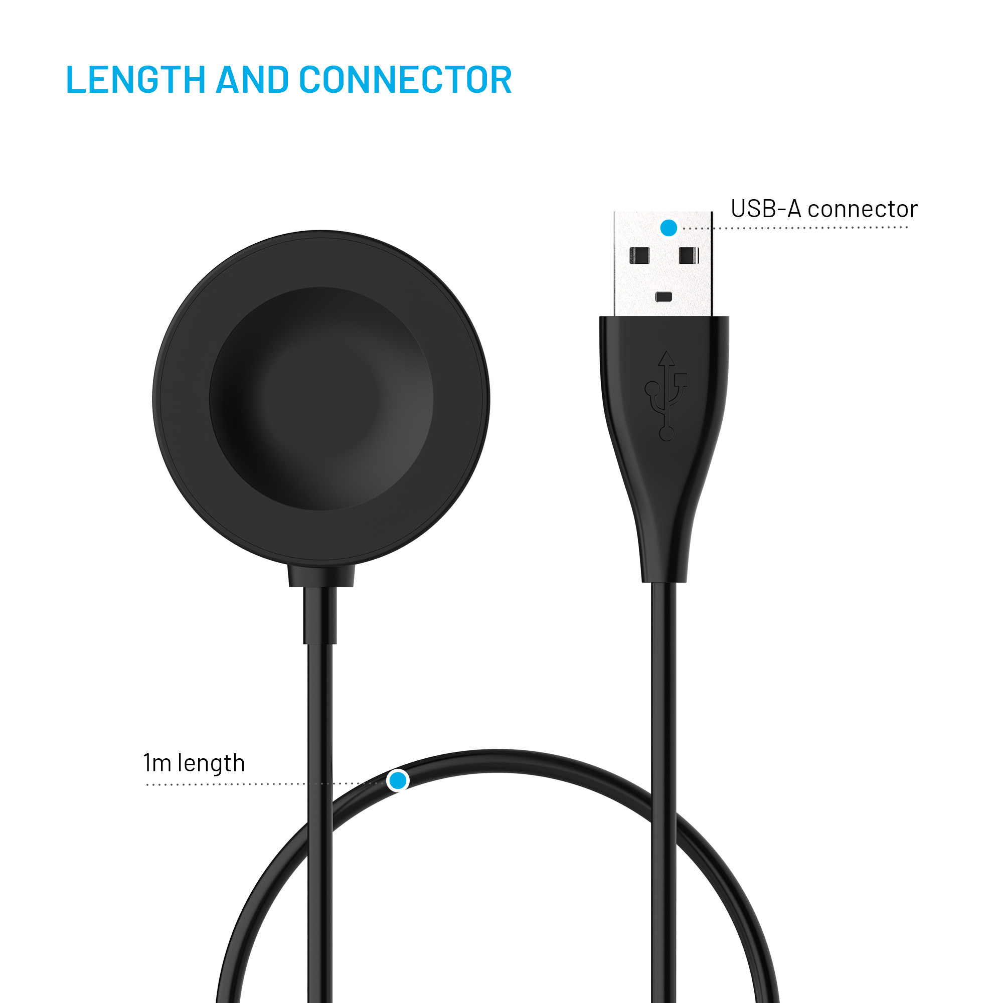 Un cargador de reloj inteligente negro con conector USB-A y un cable de 1 metro sobre fondo blanco.