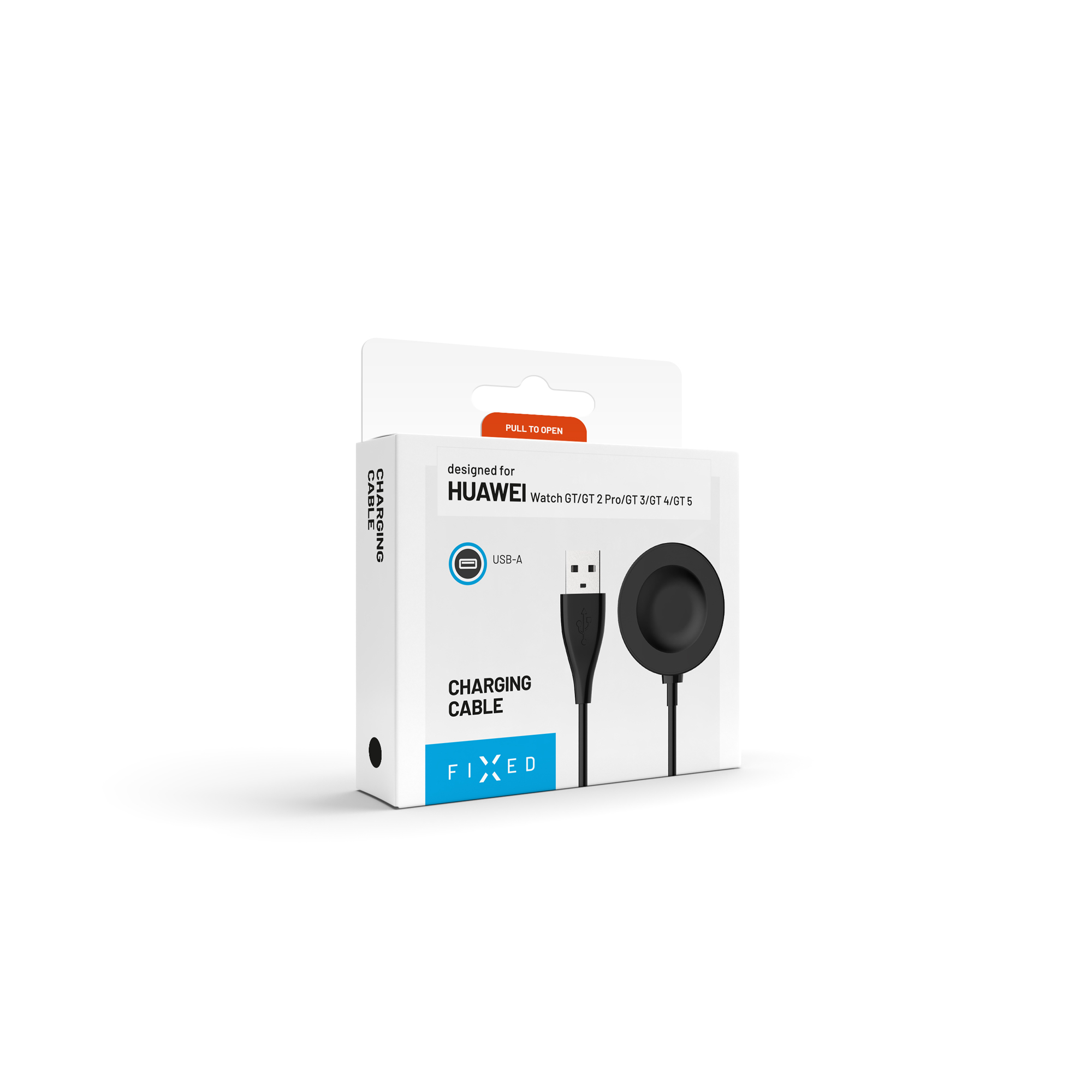 Empaque blanco para un cable de carga USB-A negro para relojes inteligentes Huawei.
