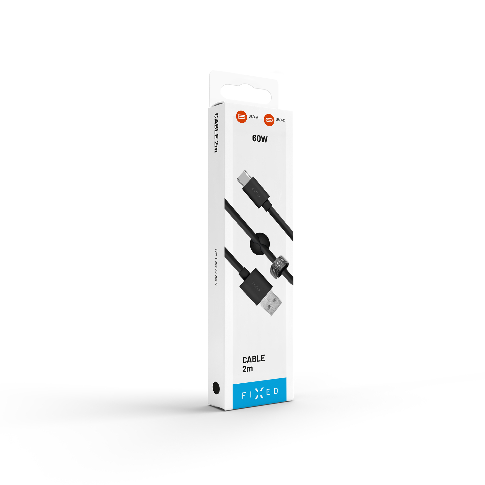 Weiße Produktverpackung für ein schwarzes 2m USB-A zu USB-C Kabel mit 60W.