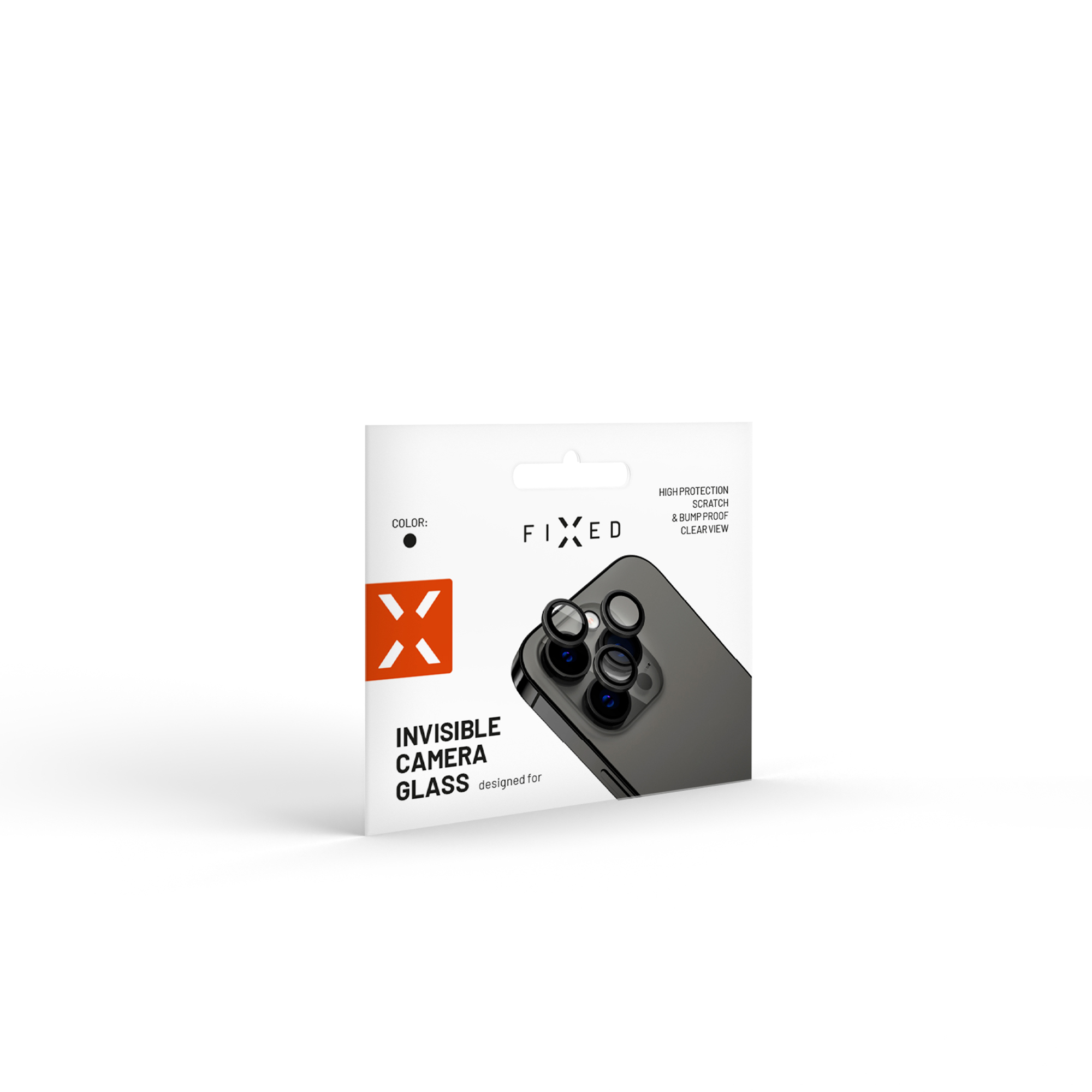 Verpackung für Fixed Invisible Camera Glass mit Handykameraschutz vor weißem Hintergrund.