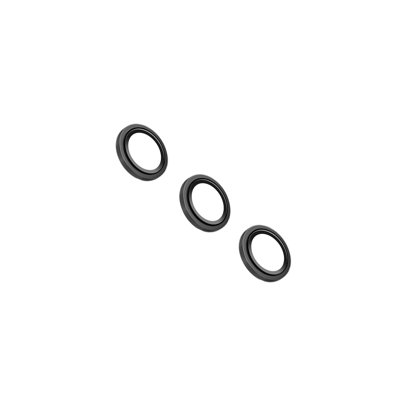 Drei schwarze runde Gummiringe sind diagonal auf weißem Hintergrund angeordnet.