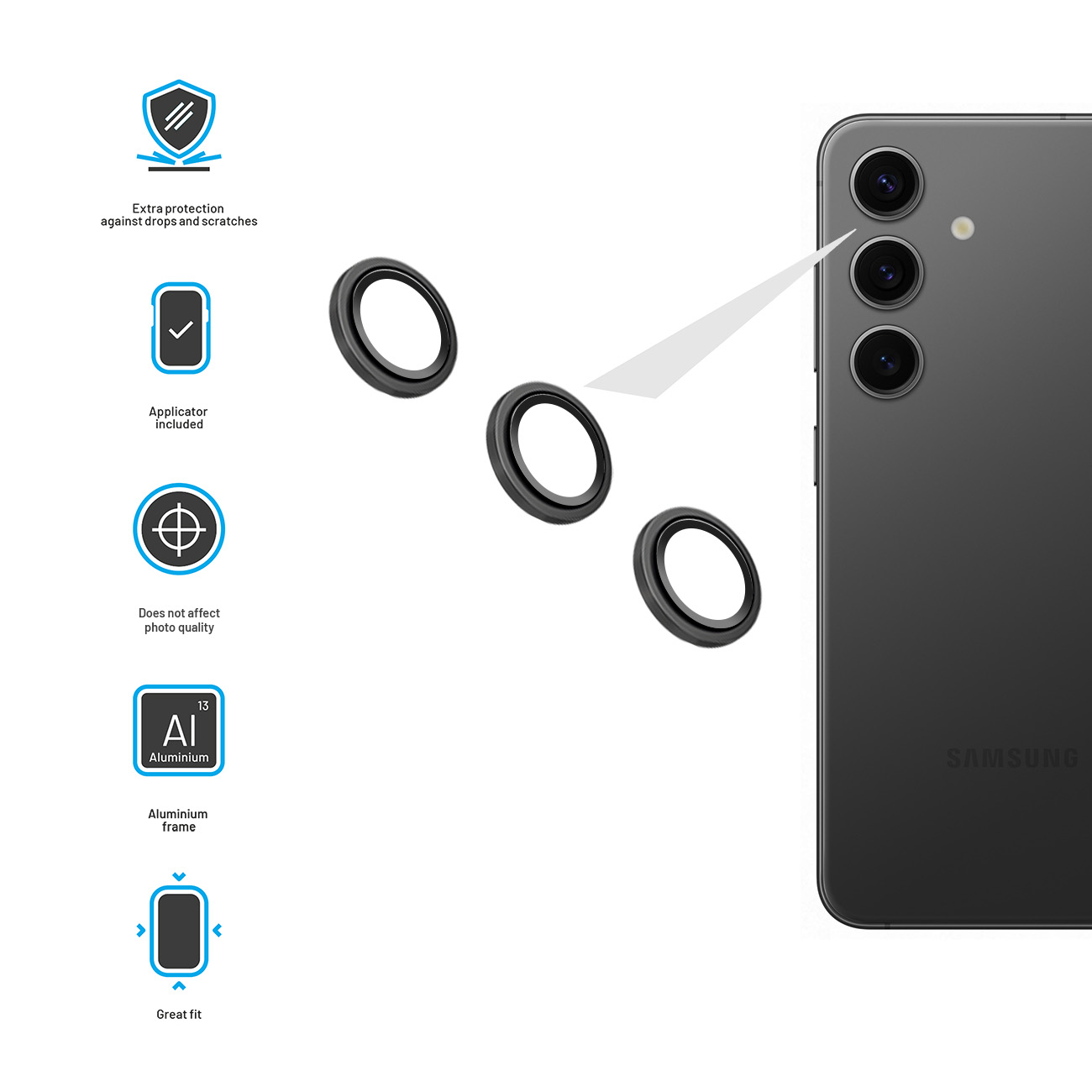Drei schwarze Kamera-Schutzringe für ein Smartphone mit Icon-Symbolen für Eigenschaften links.