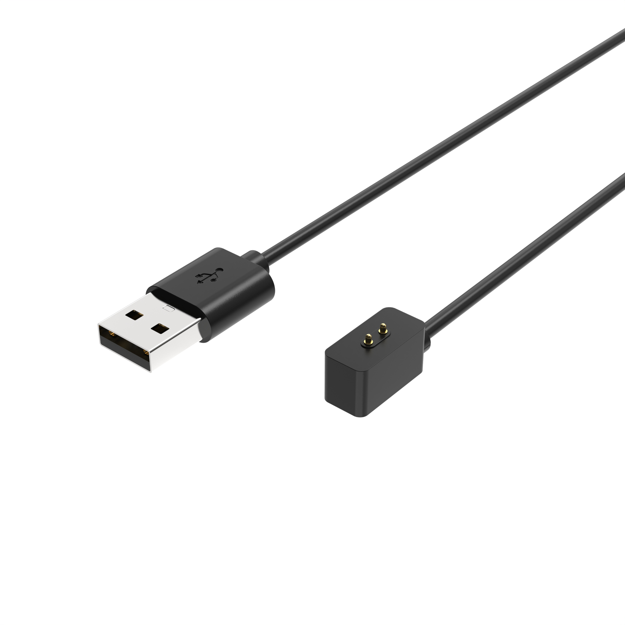 Ein schwarzes USB-Ladekabel mit einem Standard-USB-A-Stecker an einem Ende und einem magnetischen zweipoligen Stecker am anderen.