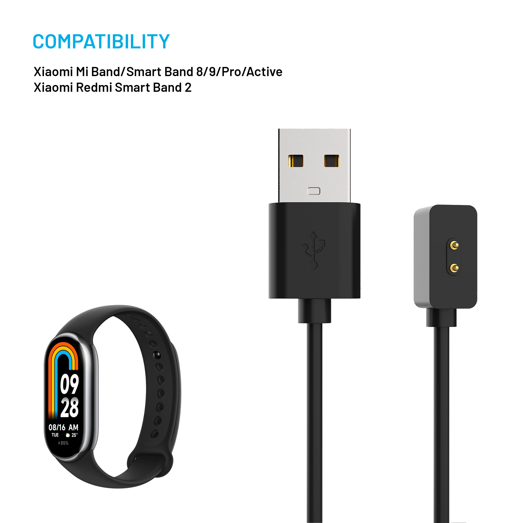 Kompatibilitätsliste für Xiaomi Mi Band und USB-Ladekabel mit zwei Anschlüssen auf weißem Hintergrund.