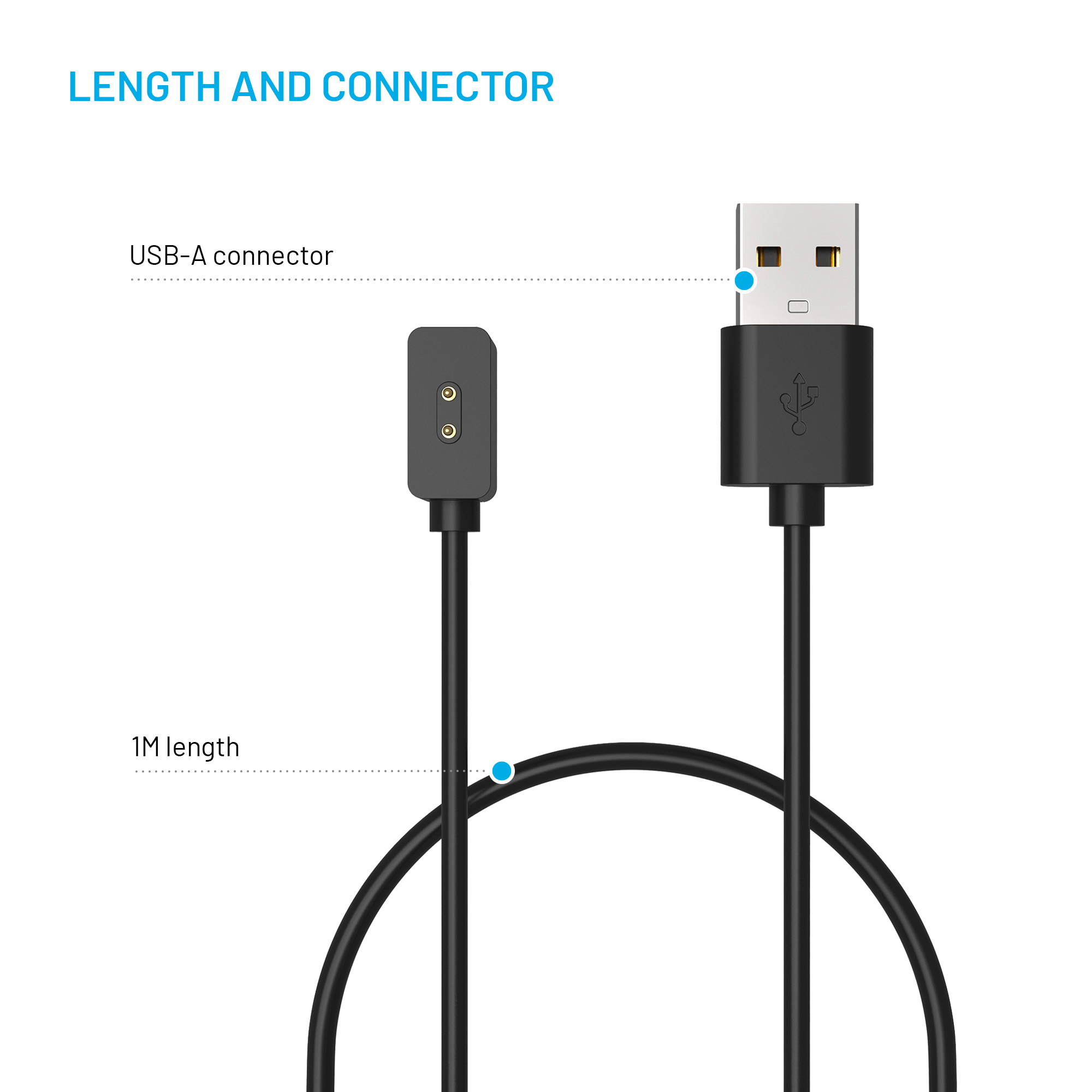 Ein schwarzes Ladekabel mit USB-A-Anschluss und 1 Meter Länge gegen einen weißen Hintergrund.