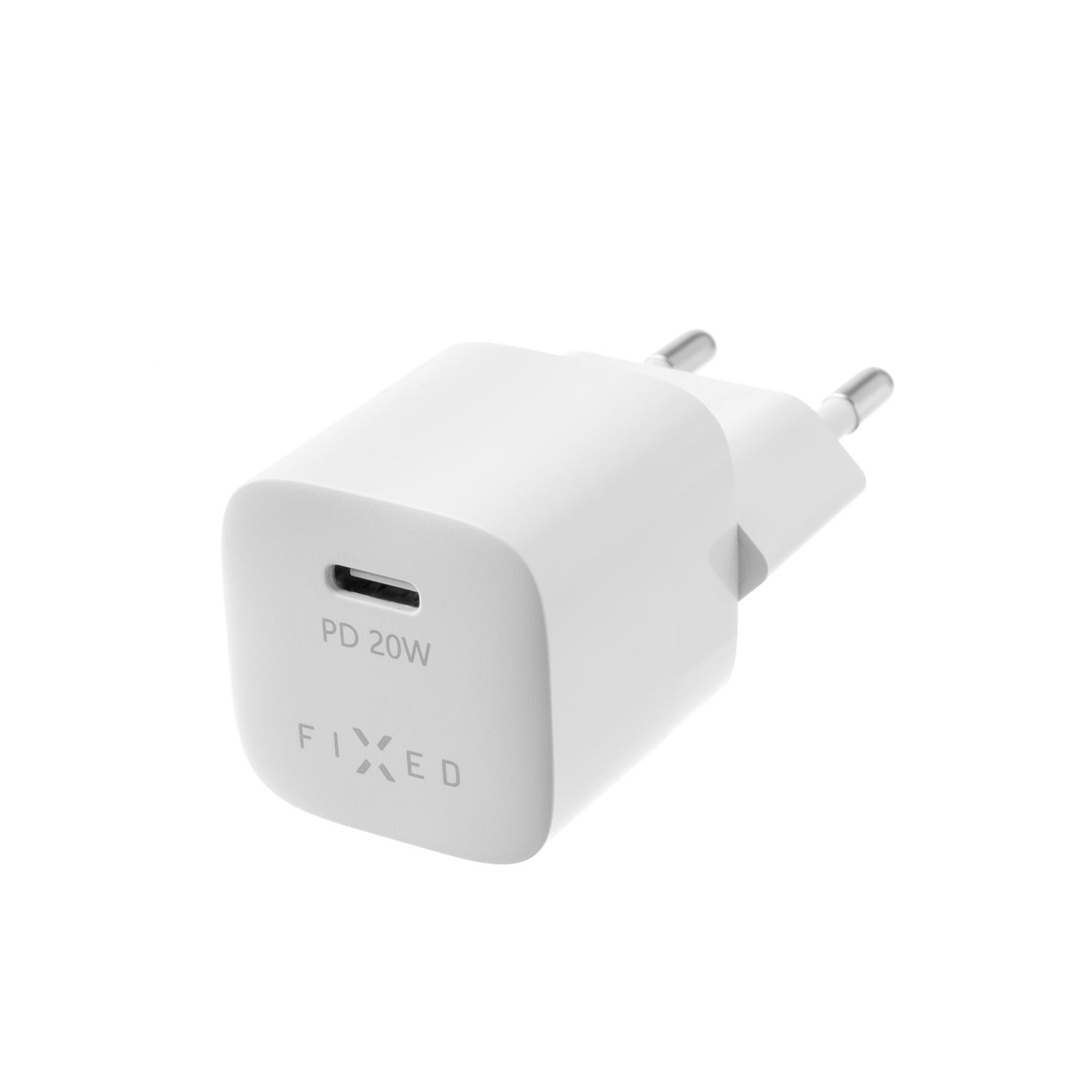 Ein weißer FIXED USB-C-Wandladegerät mit 20W Leistung auf weißem Hintergrund.