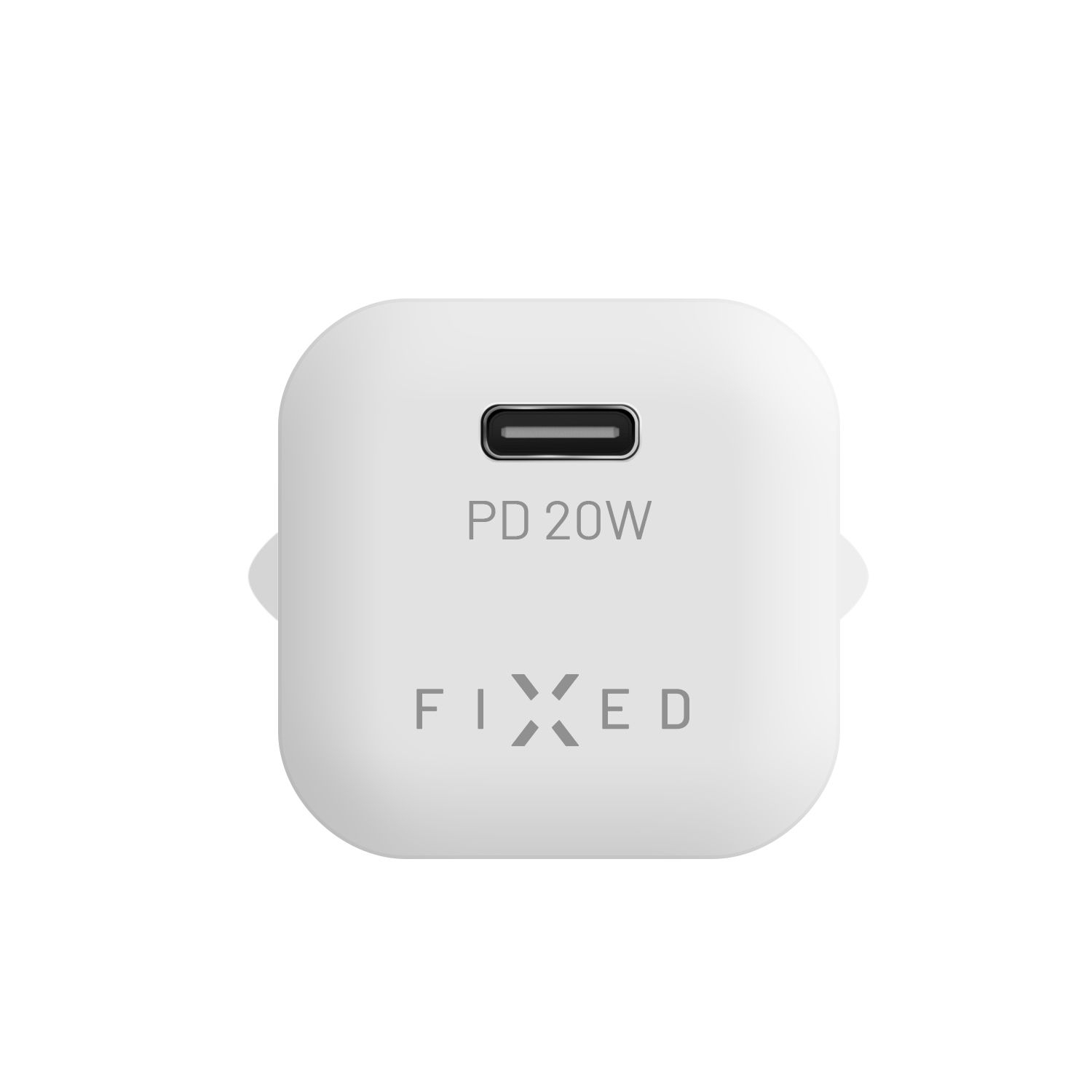 Weißes PD 20W FIXD USB-C-Ladegerät auf weißem Hintergrund.
