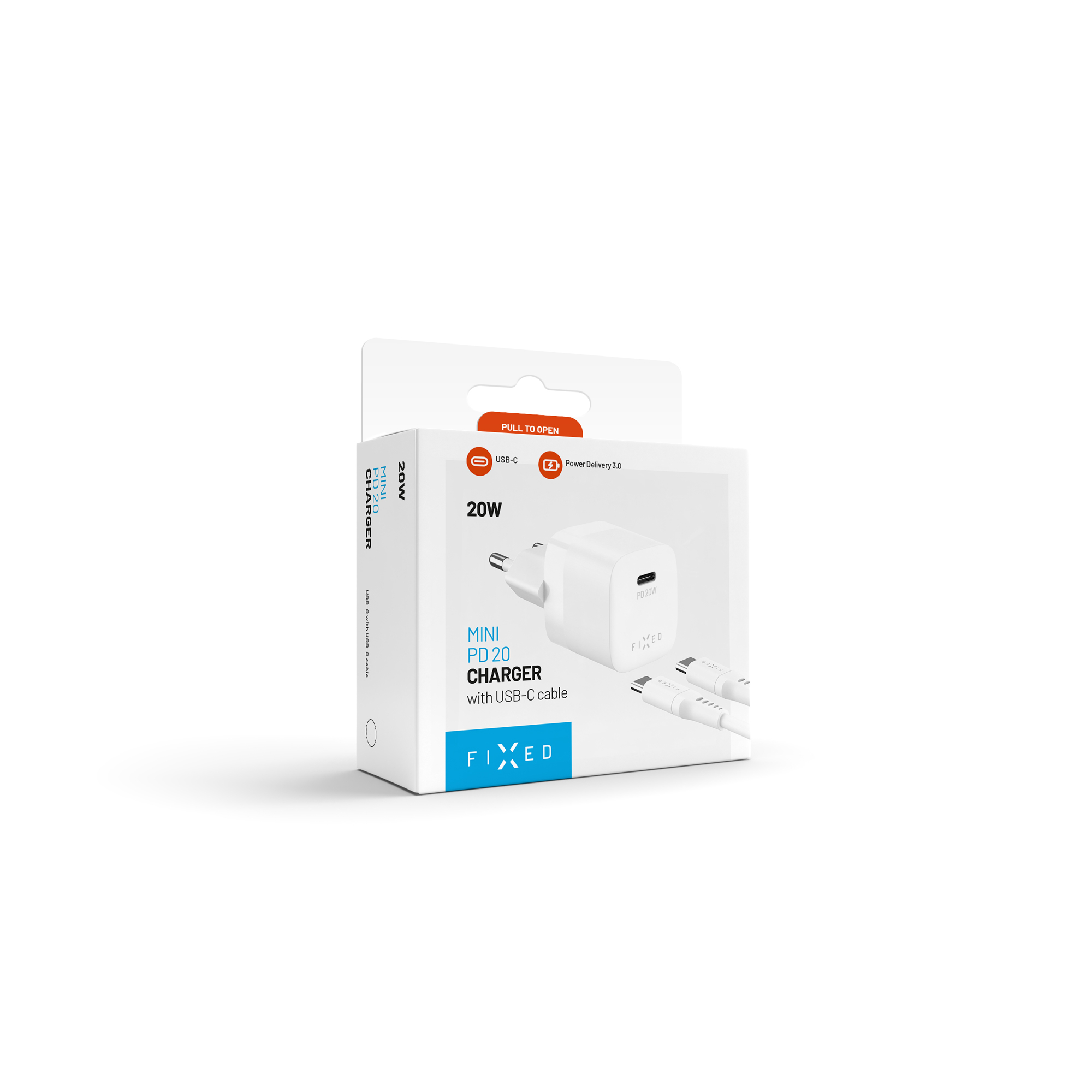 Eine weiße Verpackung für ein 20W Mini USB-C Ladegerät mit Produktbildern und Markenlogos vor schlichtem Hintergrund.