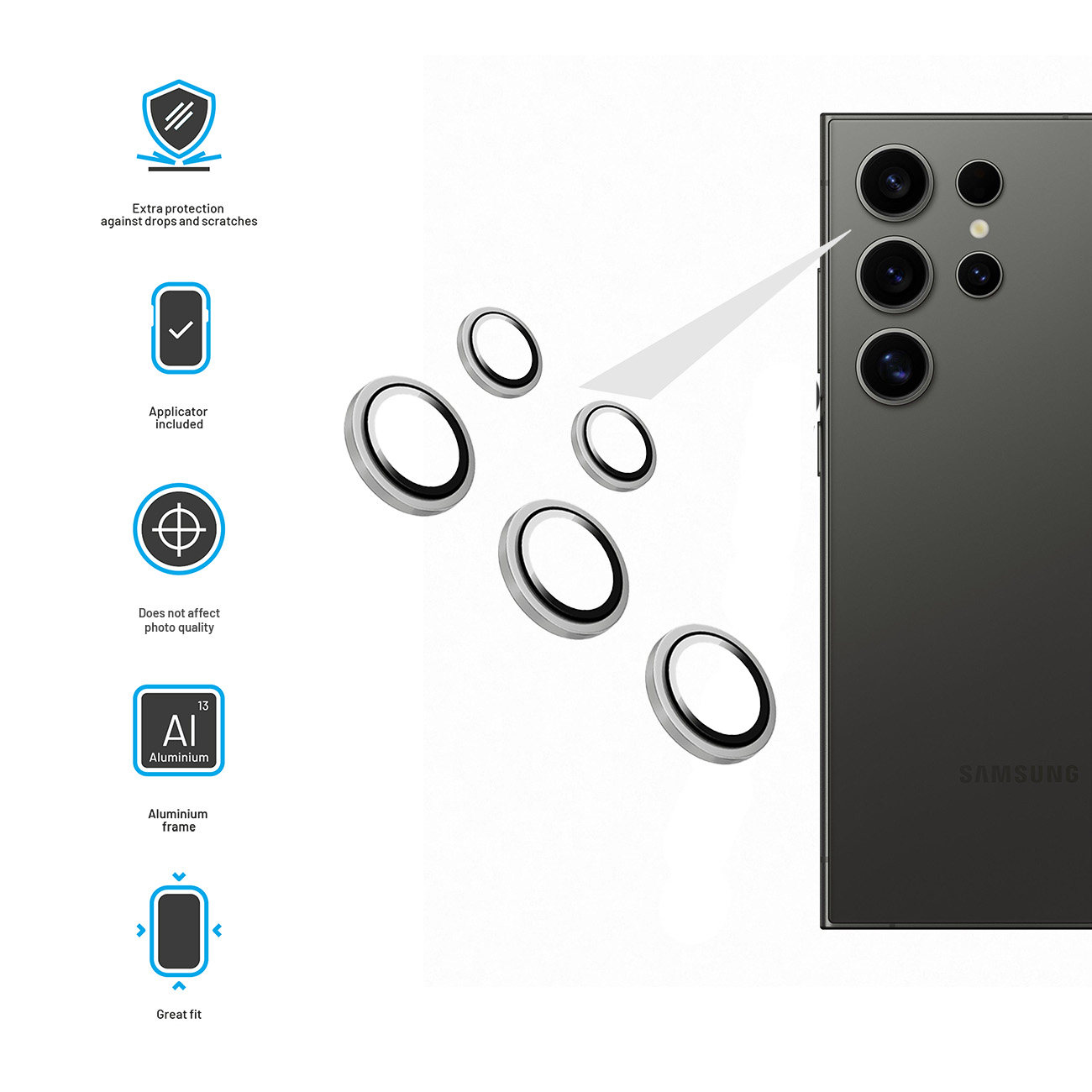 Smartphone-Kameraschutzlinsen mit Aluminiumrahmen und Symbolen für die Produkteleistung.