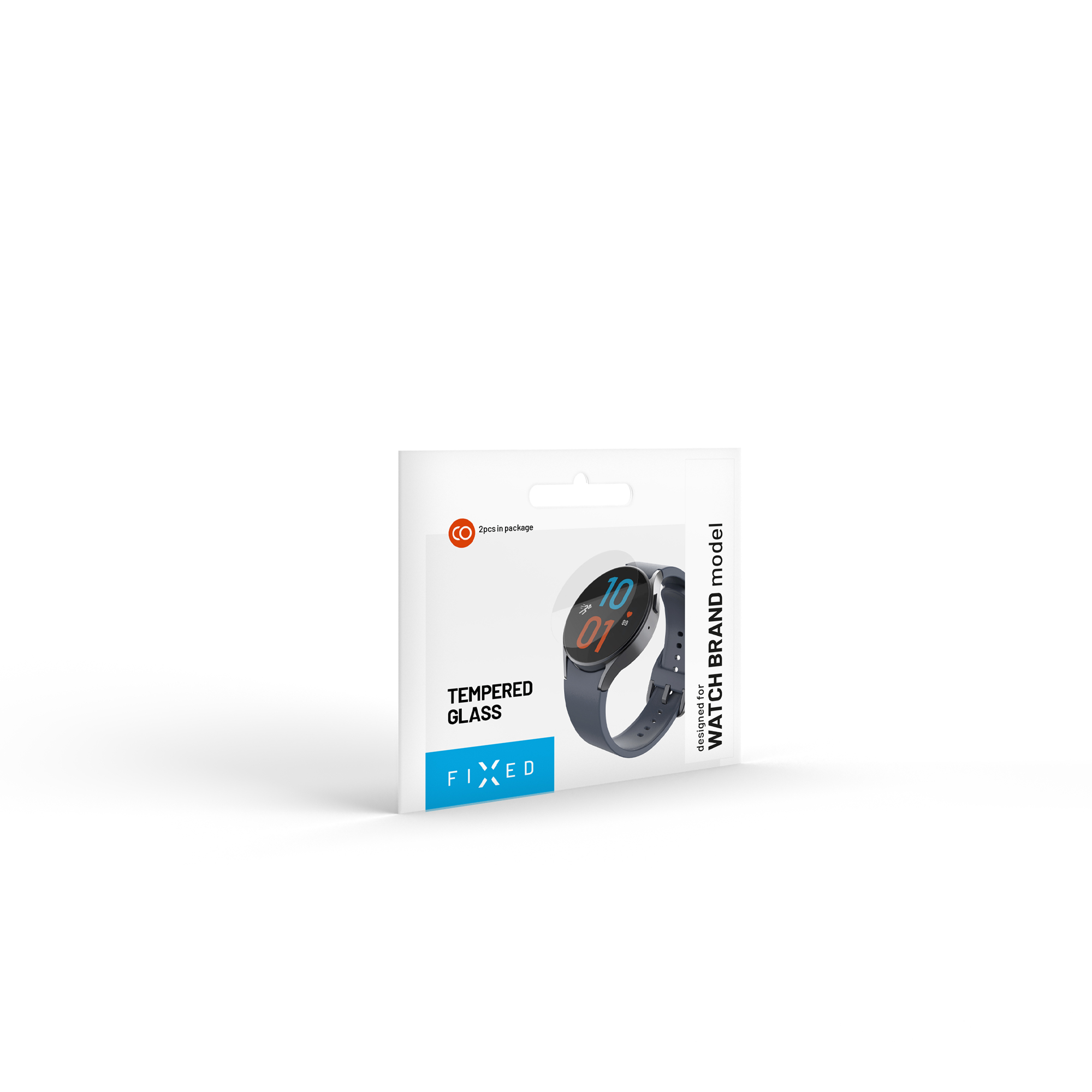 Weiße Verpackung für gehärtetes Uhrenglas mit der Aufschrift FIXED und einem Smartwatch-Bild auf einem weißen Hintergrund.