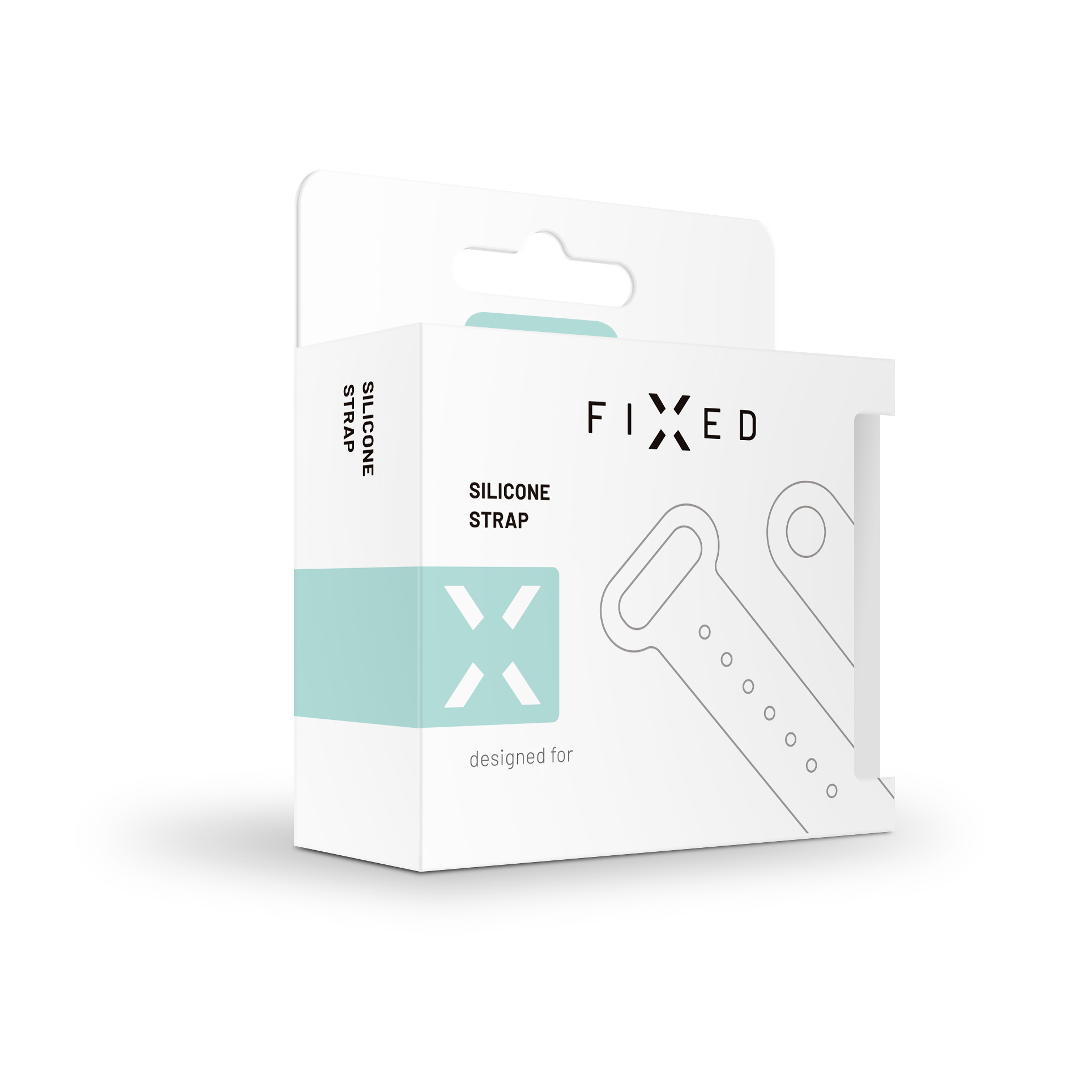 Weiße Box der FIXED Silikonarmband mit türkisen und schwarzen Akzenten und Linienzeichnung.