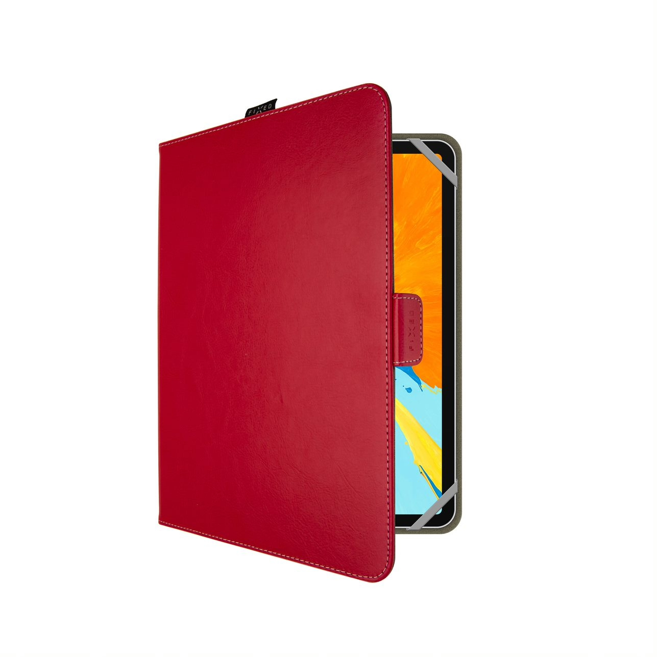 Una funda de tableta de cuero rojo abierta, mostrando una tableta con pantalla colorida sobre fondo blanco.