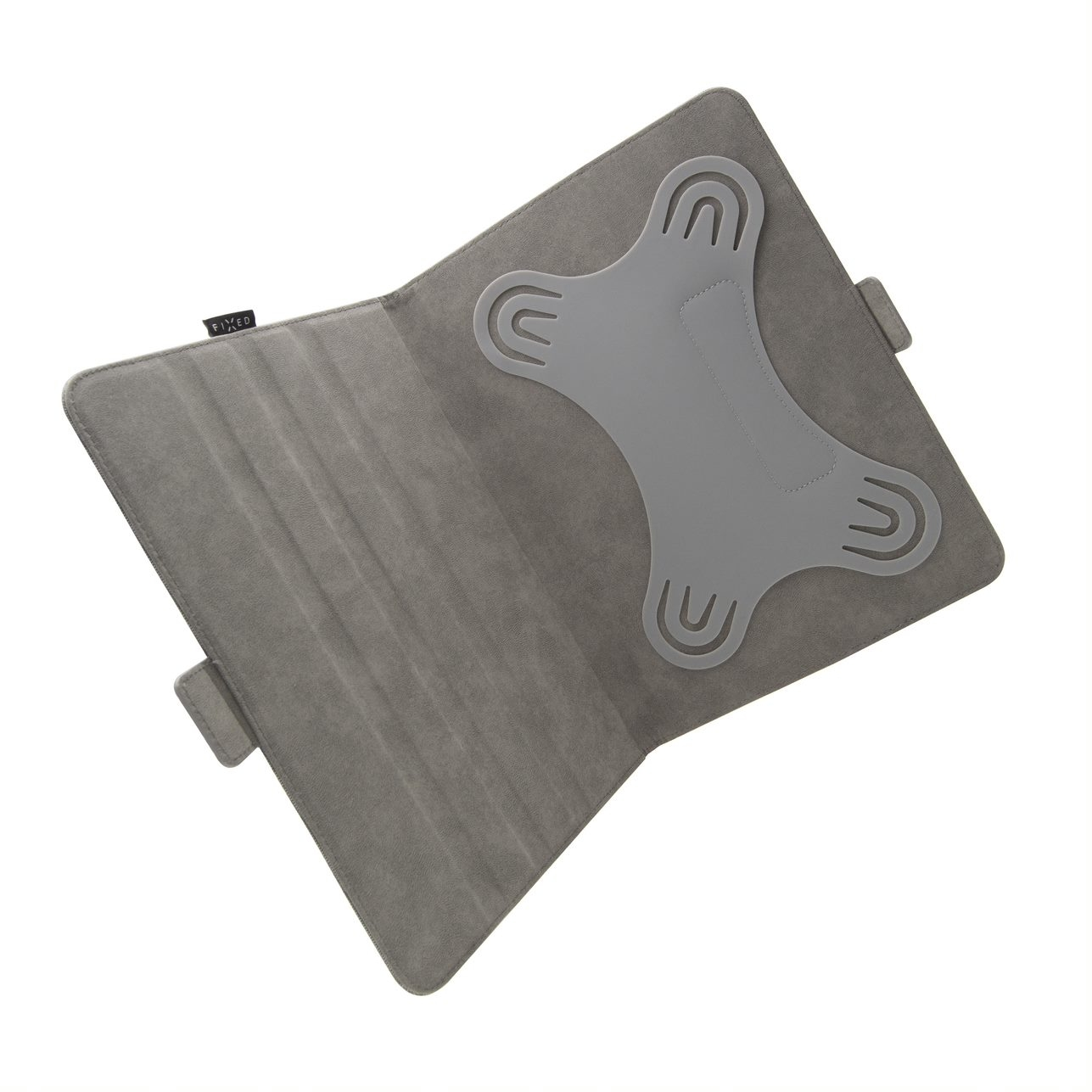 Funda gris abierta para tableta sobre fondo blanco, con soporte de silicona en forma de hueso y cierres magnéticos.