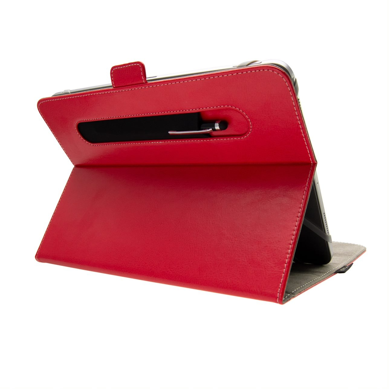Una funda roja para tablet que actúa como soporte con un portalápices integrado sobre fondo blanco.