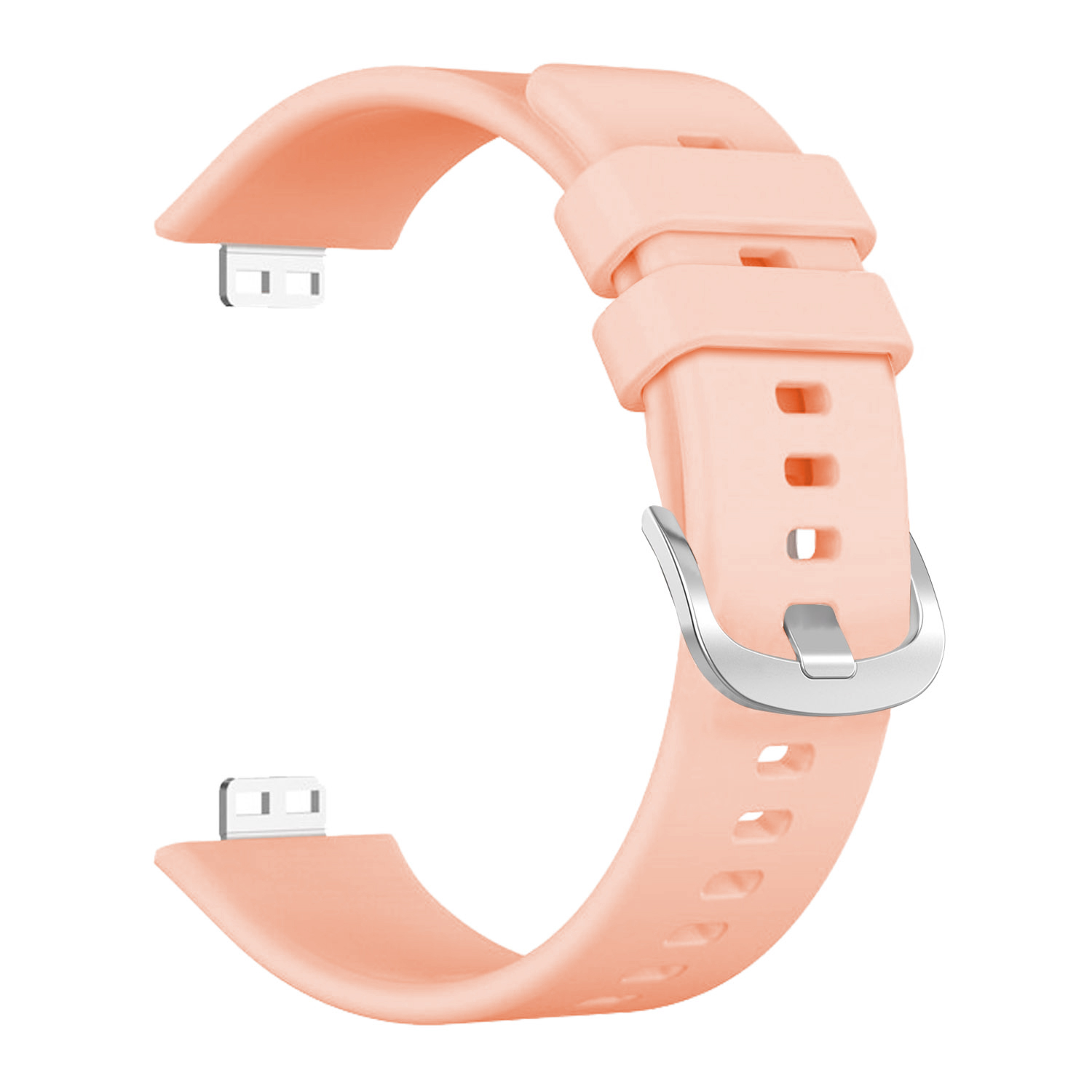 Una correa de reloj de silicona melocotón pastel con una hebilla plateada sobre un fondo blanco.