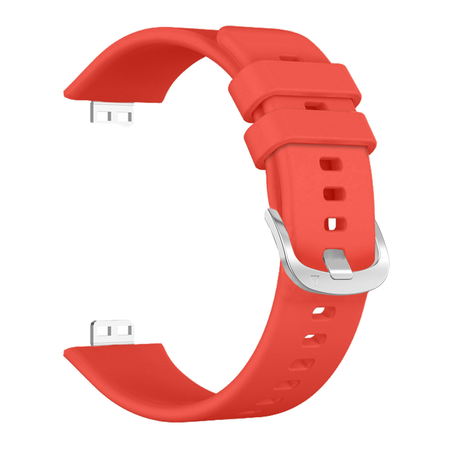 Ein rotes Silikon-Uhrenarmband mit einer silbernen Schnalle und Metallanschlüssen auf weißem Hintergrund.