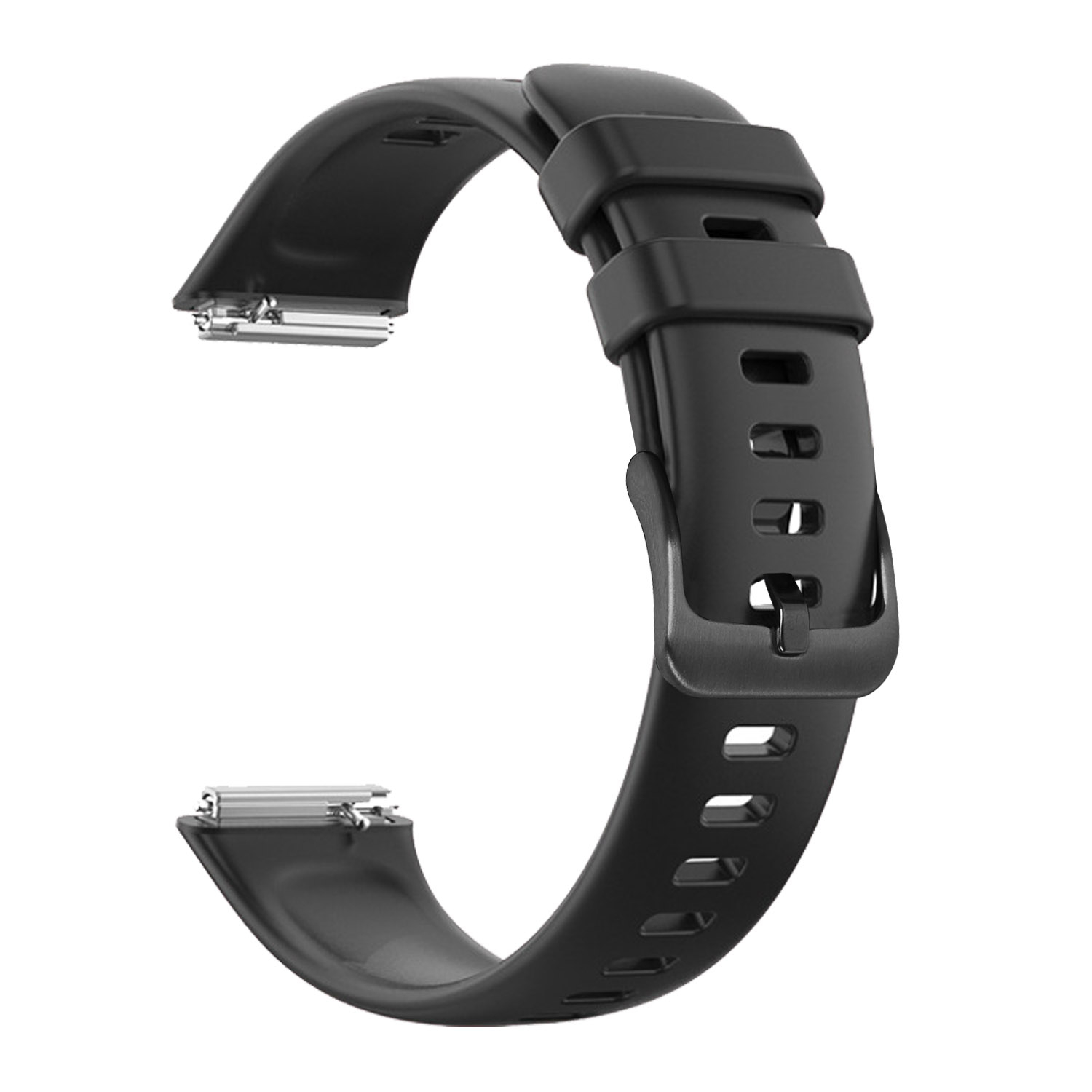 Una correa de reloj de silicona negra con conectores de metal plateado y hebilla sobre fondo blanco.