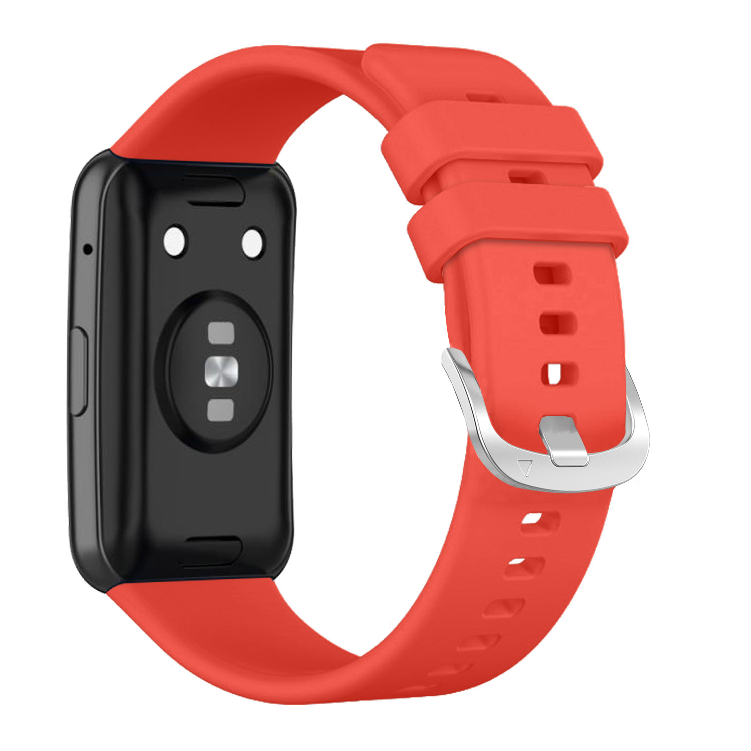 Rückseite einer Smartwatch mit schwarzem Gehäuse und rotem Silikonarmband vor weißem Hintergrund.