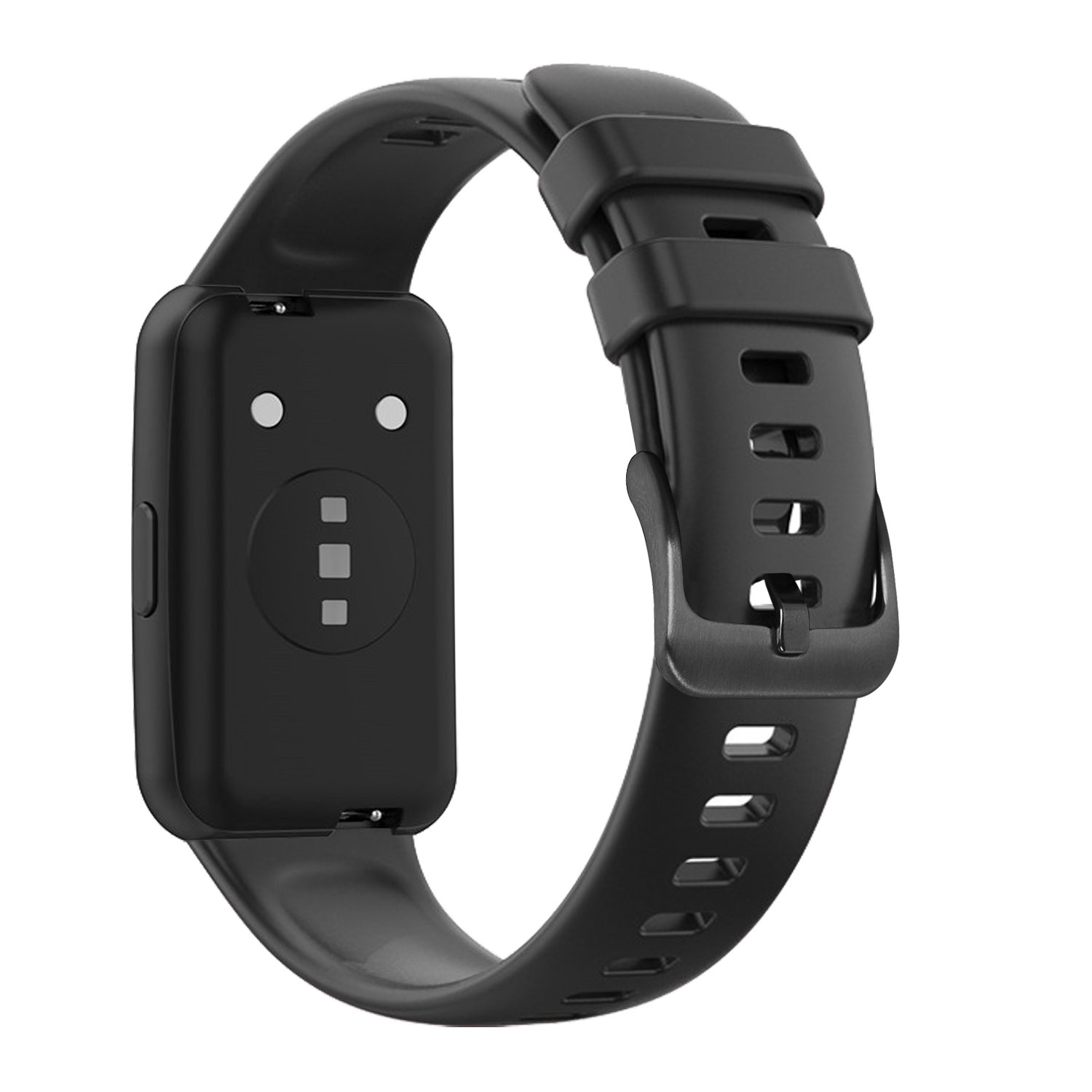 Un reloj inteligente negro con caja rectangular, sensores en la parte trasera y correa de silicona sobre fondo blanco.